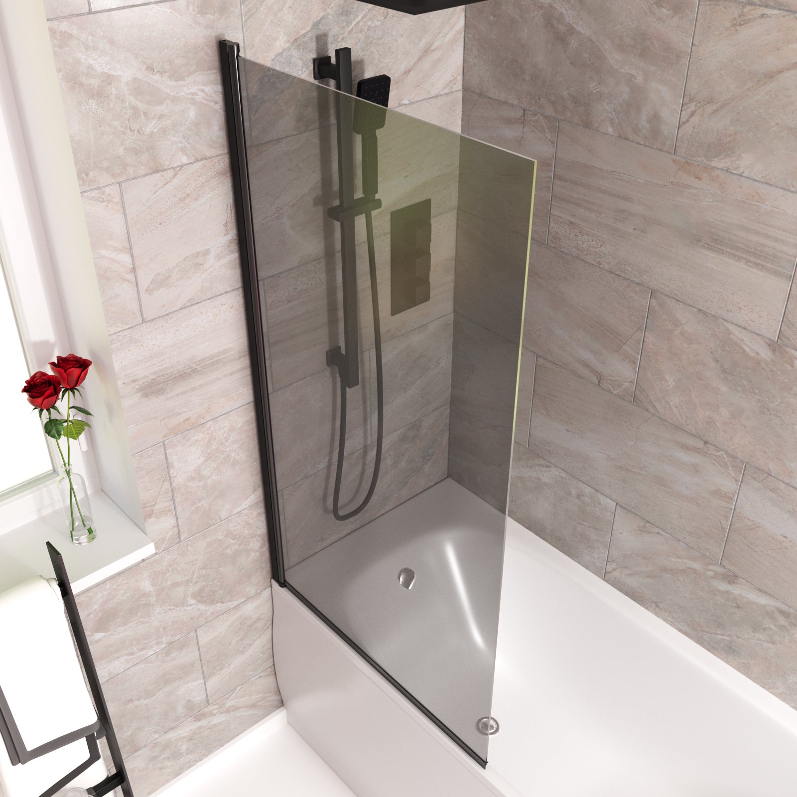 800mm Square Bath Screen Matt Black Profile Grey Tinted Glass Reversible