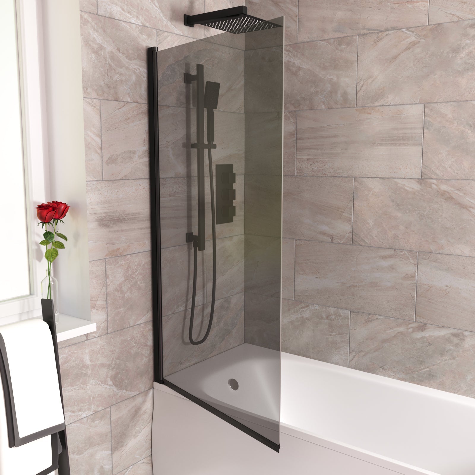 800mm Square Bath Screen Matt Black Profile Grey Tinted Glass Reversible
