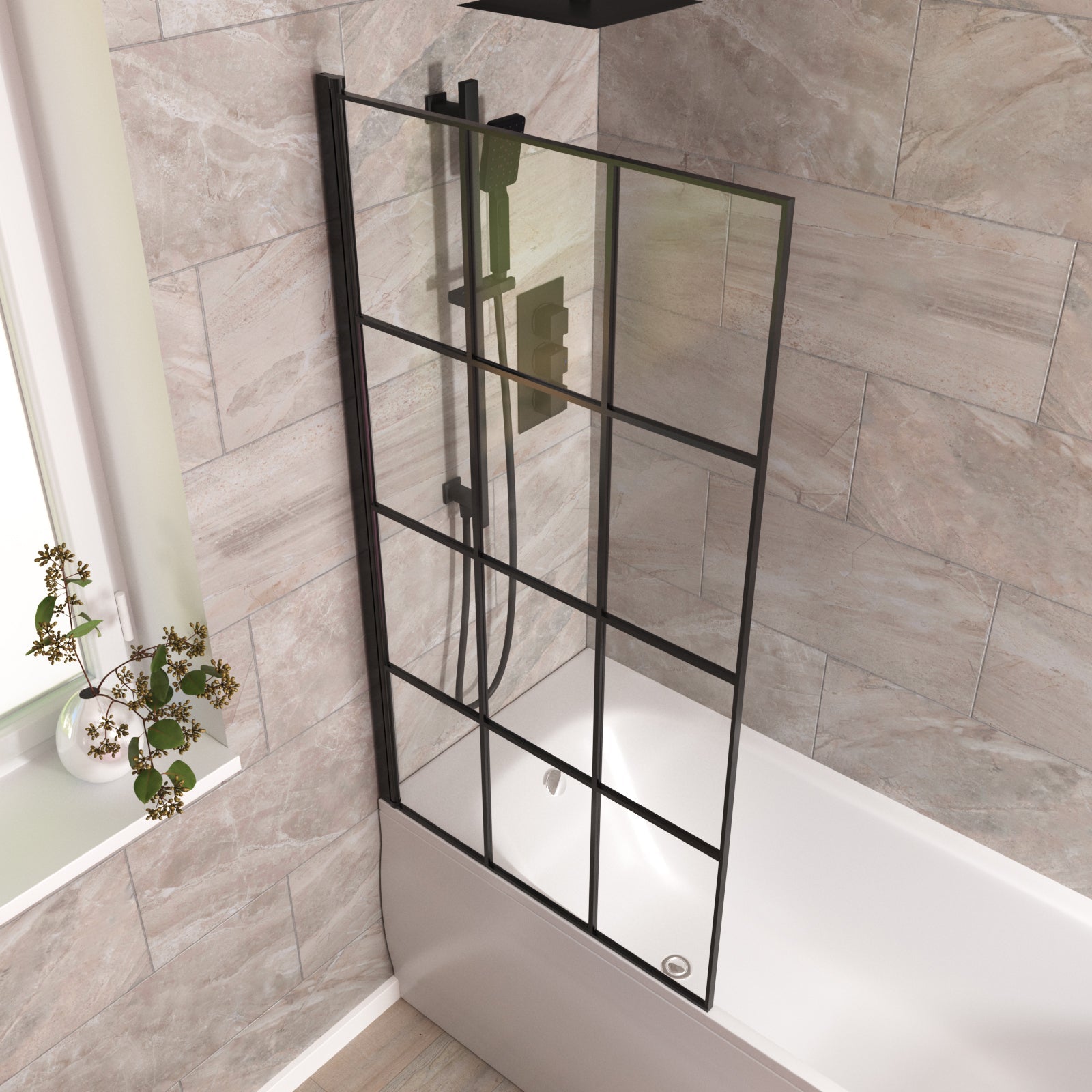 Bath Screen 800mm Matte Black Framed With Grid Glass Reversible