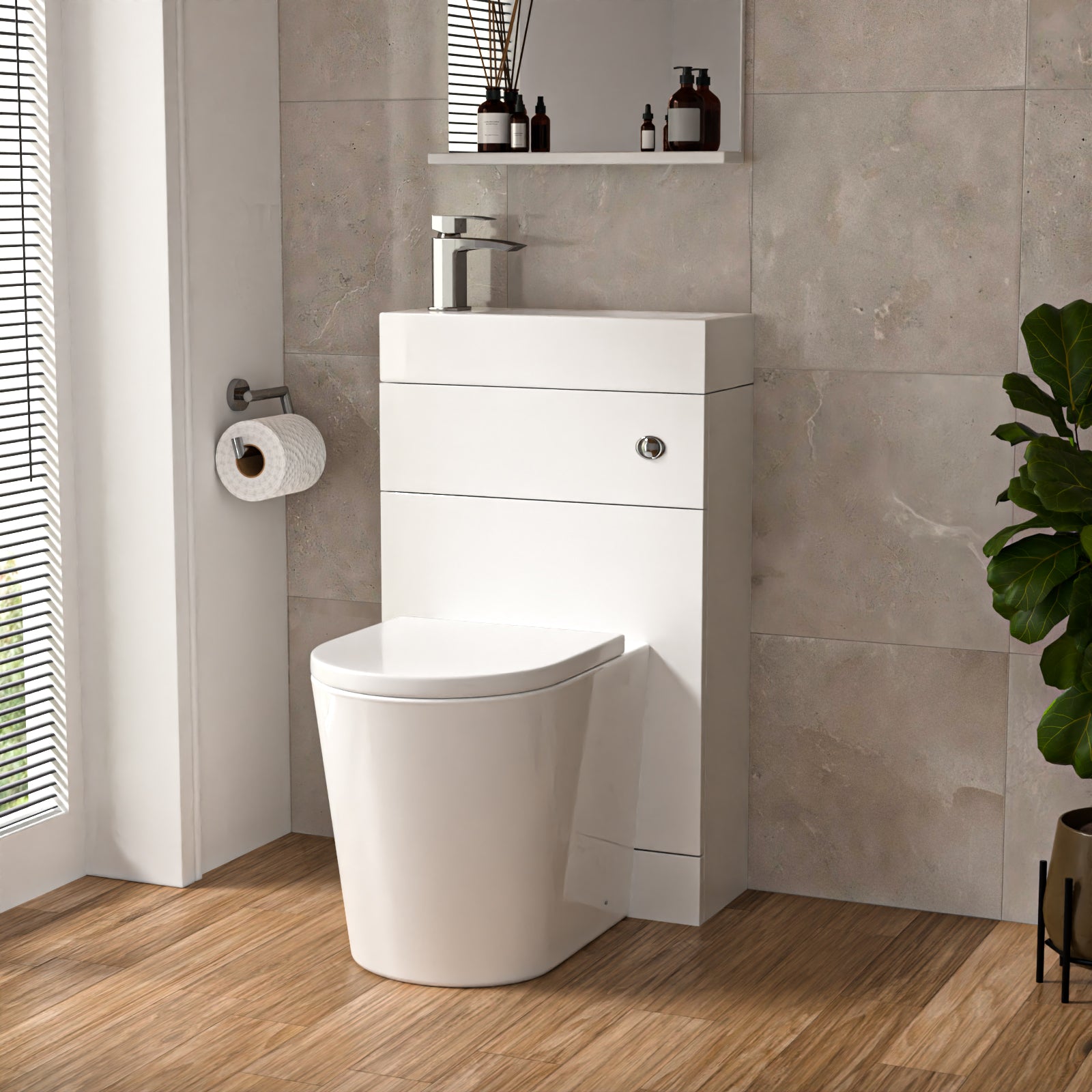 Eslo Compact Modern 2-in-1 Back to Wall Toilet and WC Unit Combined Basin - Gloss White