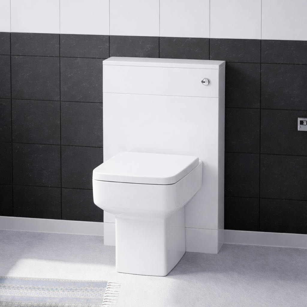 Nanuya 500mm WC Unit, Cistern & Debra Rimless Back To Wall Toilet Pan White