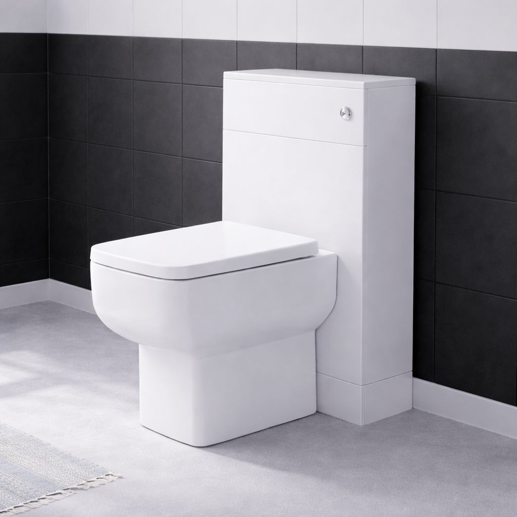 Nanuya 500mm WC Unit, Cistern & Debra Rimless Back To Wall Toilet Pan White