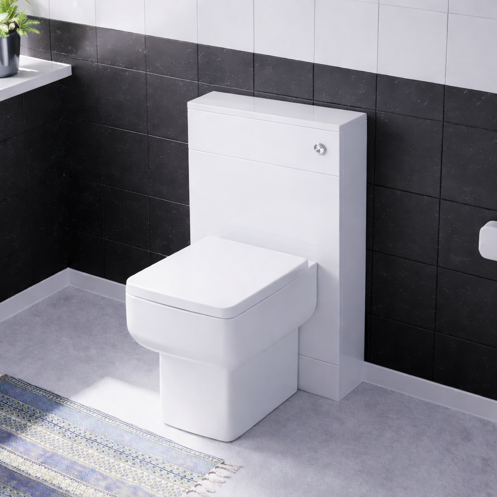 Nanuya 500mm WC Unit, Cistern & Debra Rimless Back To Wall Toilet Pan White
