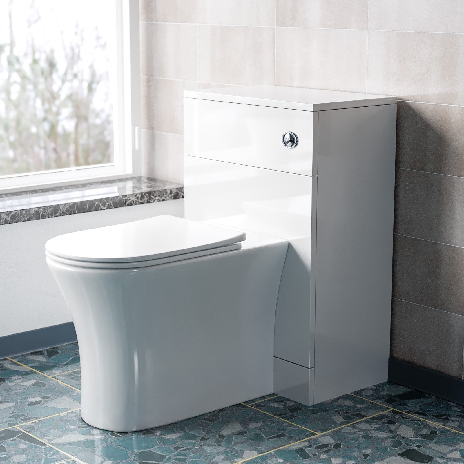 Ellen White 500mm WC Unit & Rimless Comfort Back To Wall Toilet