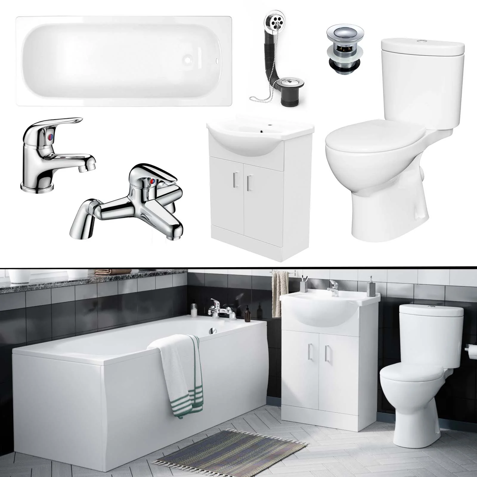 Ellen Bath Suite 1700mm Bathtub, 550mm White Basin Vanity & Close Coupled Toilet