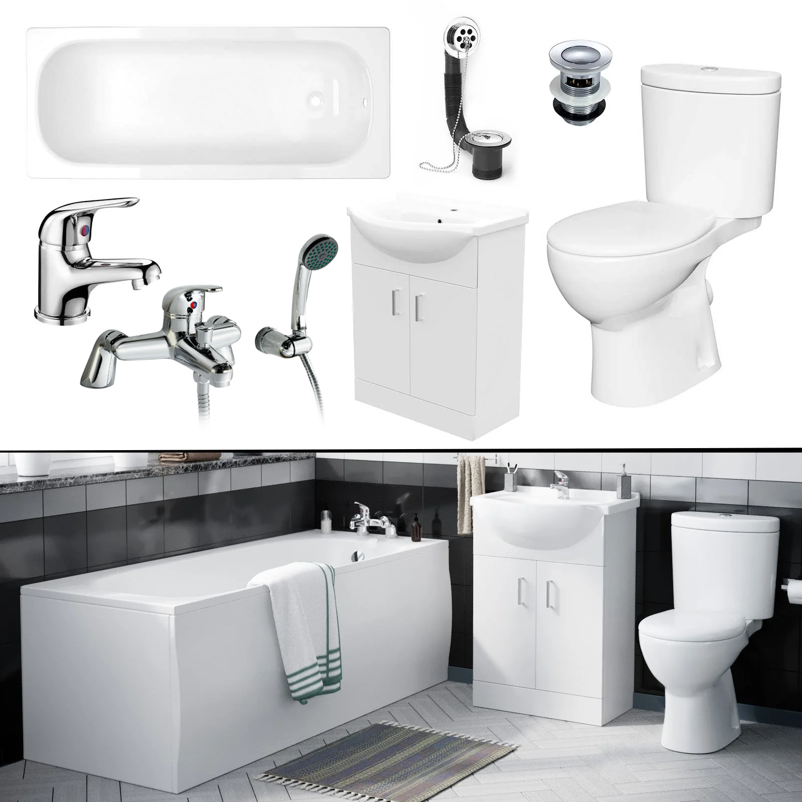 Ellen Bath Suite 1700mm Bathtub, 550mm White Basin Vanity & Close Coupled Toilet