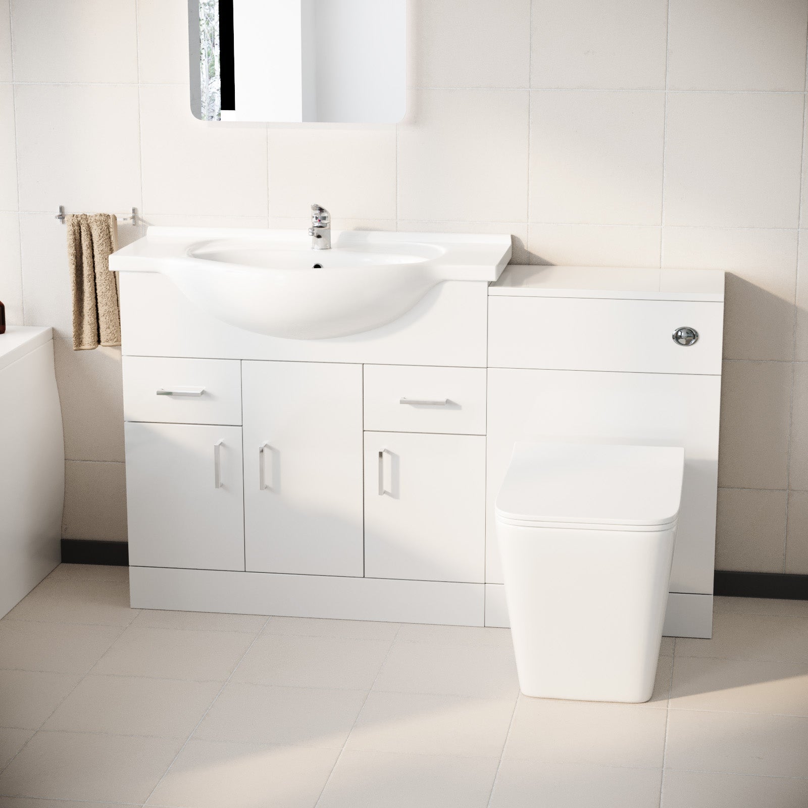 Ellen 1350mm Floor Standing White Cabinet WC Unit & Square BTW Toilet
