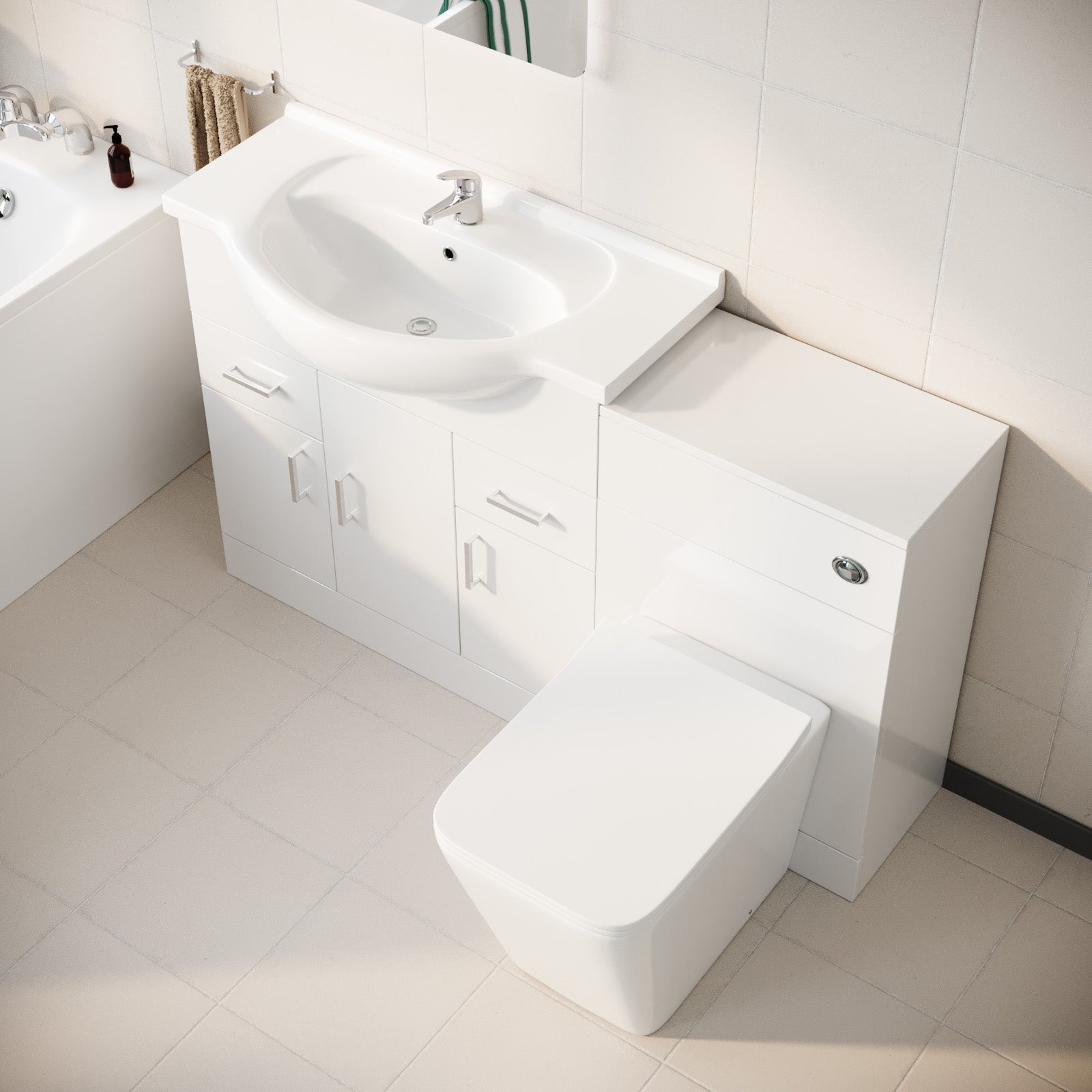 Ellen 1350mm Floor Standing White Cabinet WC Unit & Square BTW Toilet