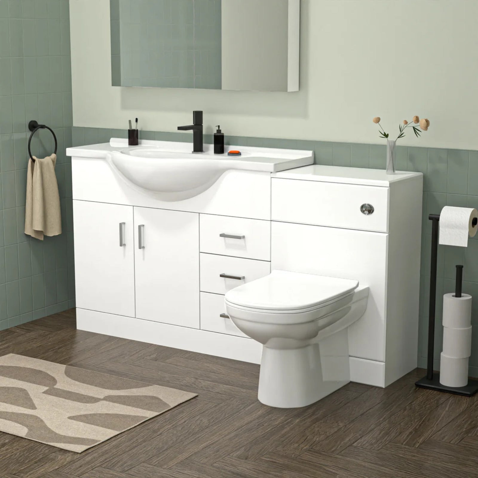 White 1050mm Freestanding Basin Vanity WC Unit 1700mm Bath Panel & BTW Toilet