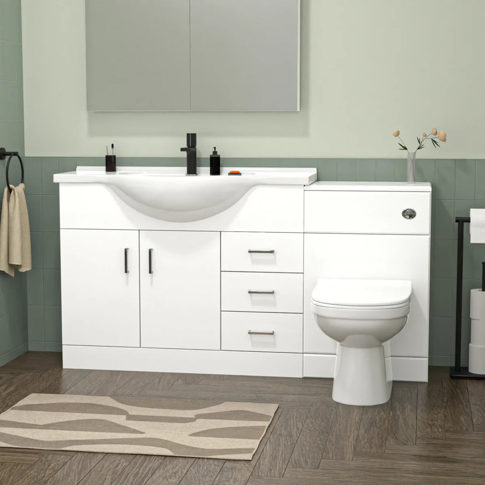 White 1050mm Freestanding Basin Vanity WC Unit 1700mm Bath Panel & BTW Toilet