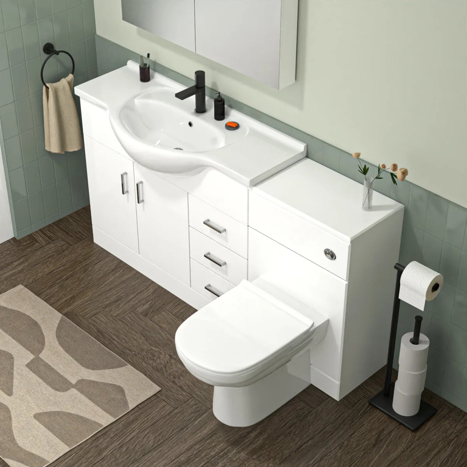 White 1050mm Freestanding Basin Vanity WC Unit 1700mm Bath Panel & BTW Toilet