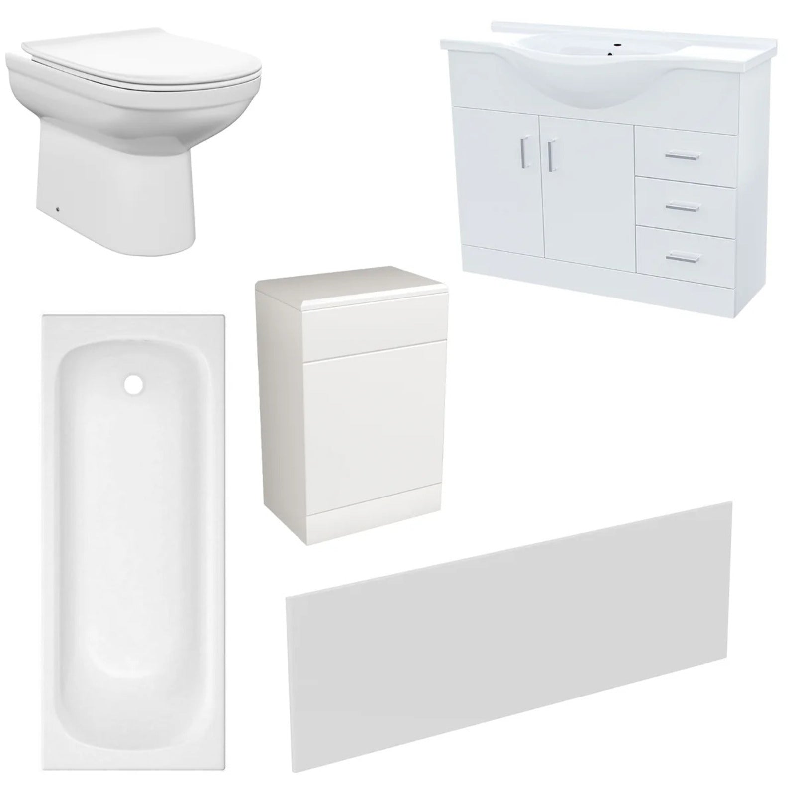 White 1050mm Freestanding Basin Vanity WC Unit 1700mm Bath Panel & BTW Toilet