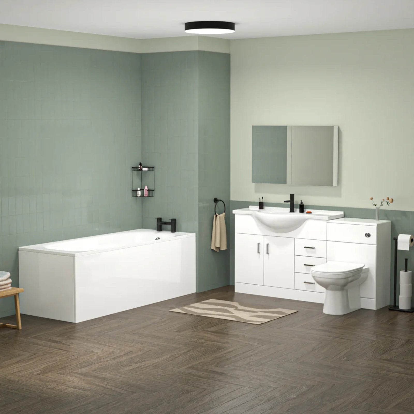 White 1050mm Freestanding Basin Vanity WC Unit 1700mm Bath Panel & BTW Toilet