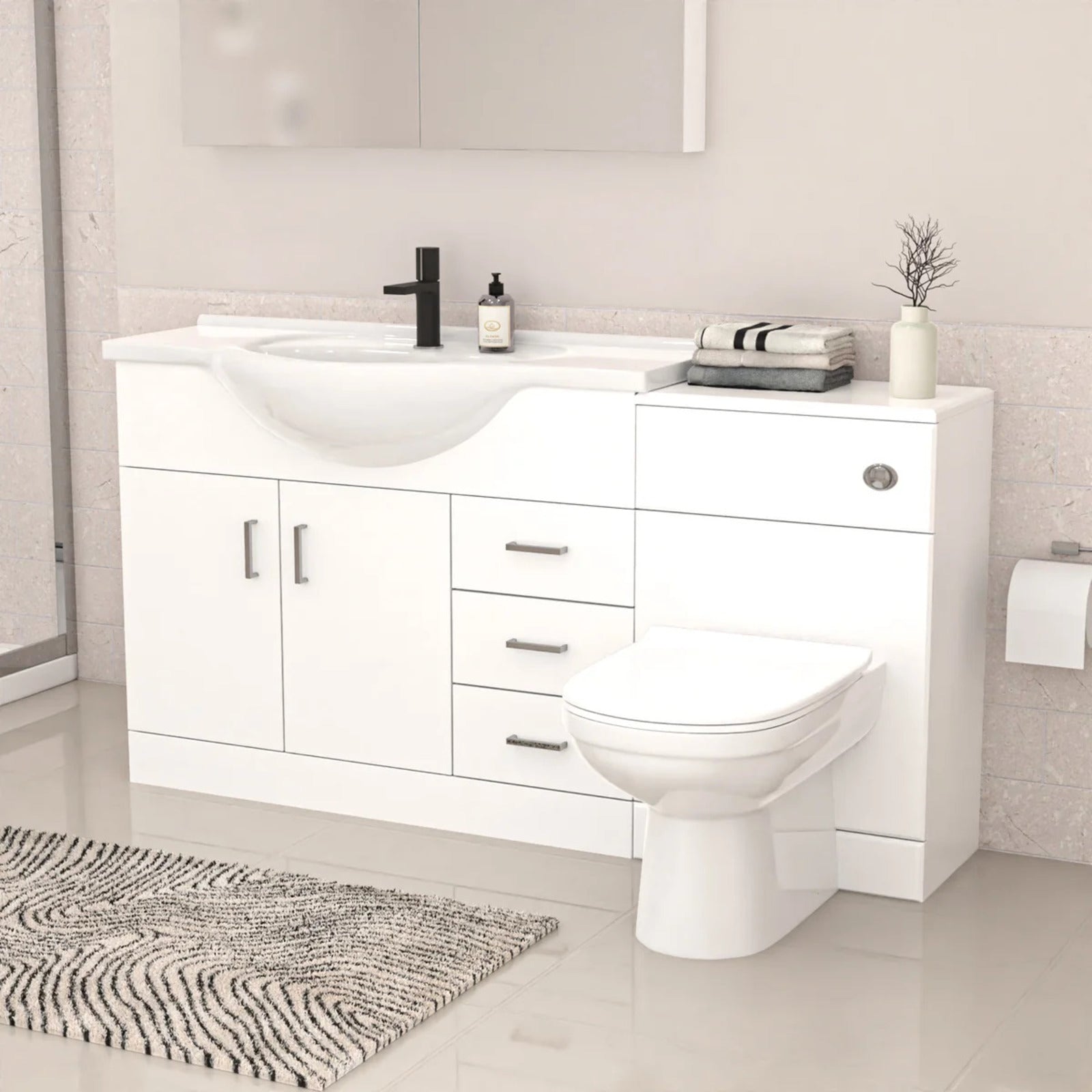 White 1050mm Freestanding Basin Vanity WC Unit Shower & BTW Toilet