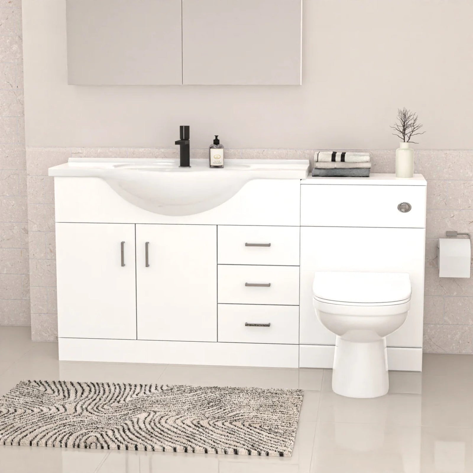White 1050mm Freestanding Basin Vanity WC Unit Shower & BTW Toilet