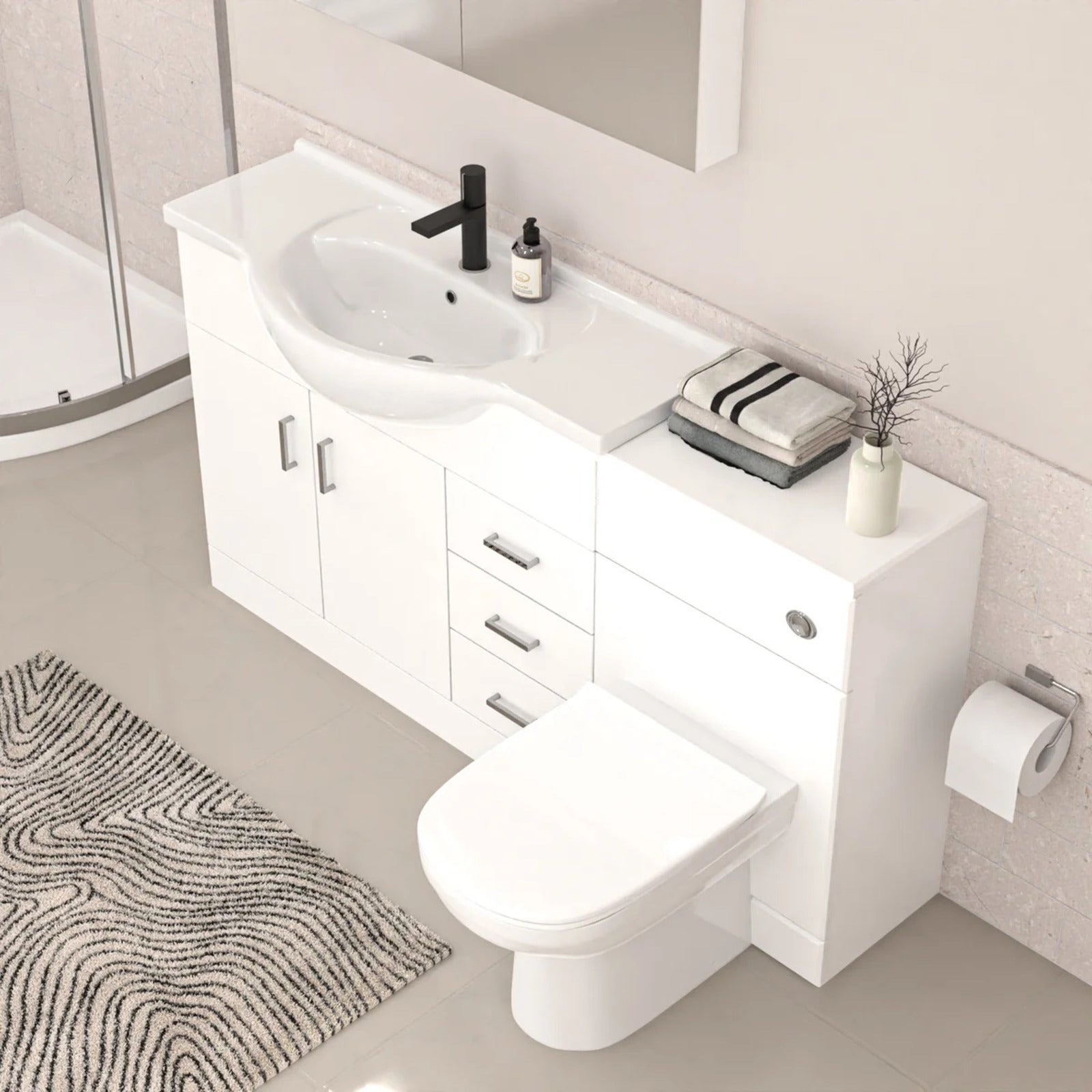 White 1050mm Freestanding Basin Vanity WC Unit Shower & BTW Toilet