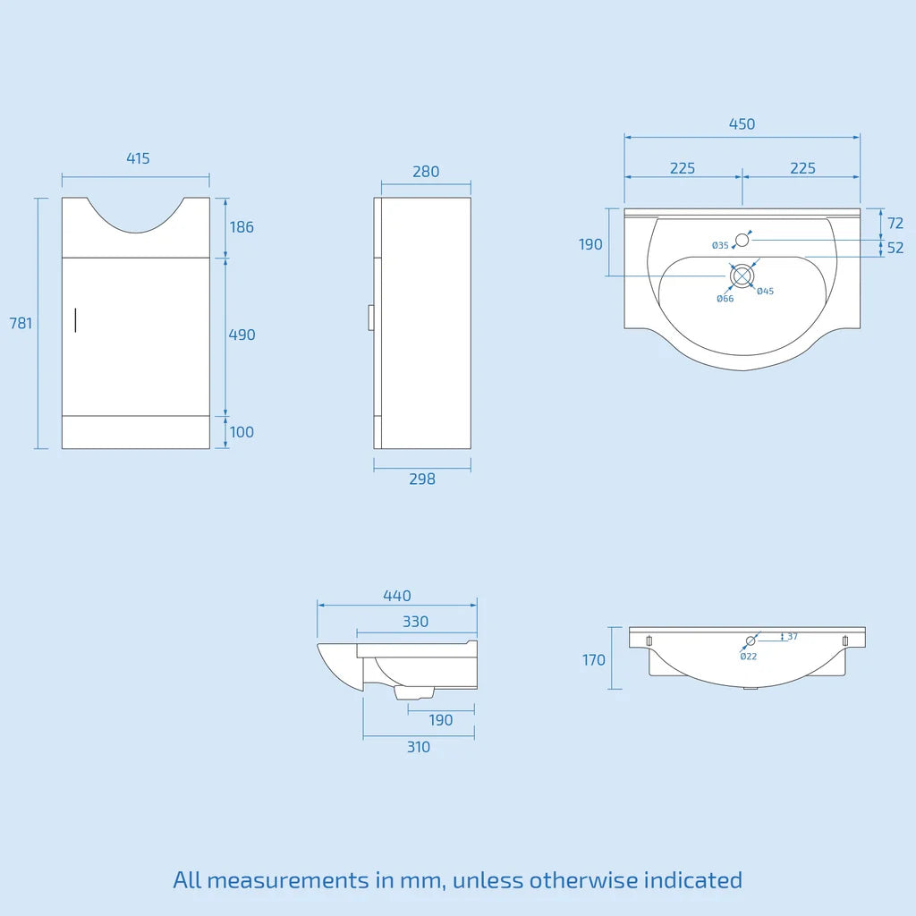 Ellen 450mm Basin Vanity Unit Round Bath Tub & Closed Coupled Toilet