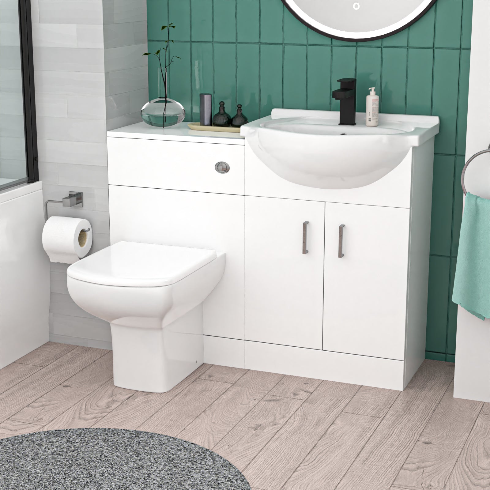 Ellen 1000mm White Basin Vanity, WC Unit & White Rimless BTW Toilet