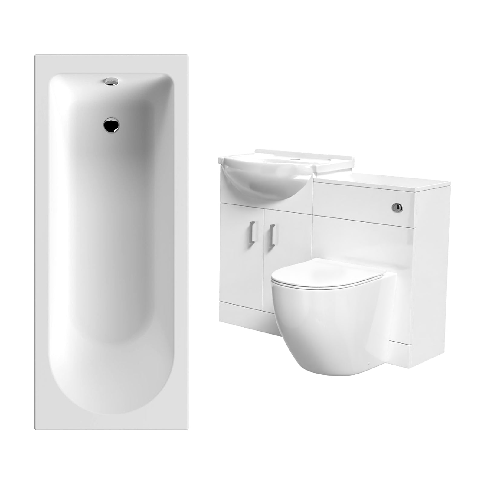 Ellen White Basin Vanity With WC Unit, Rimless BTW Toilet & 1700mm Bath Suite