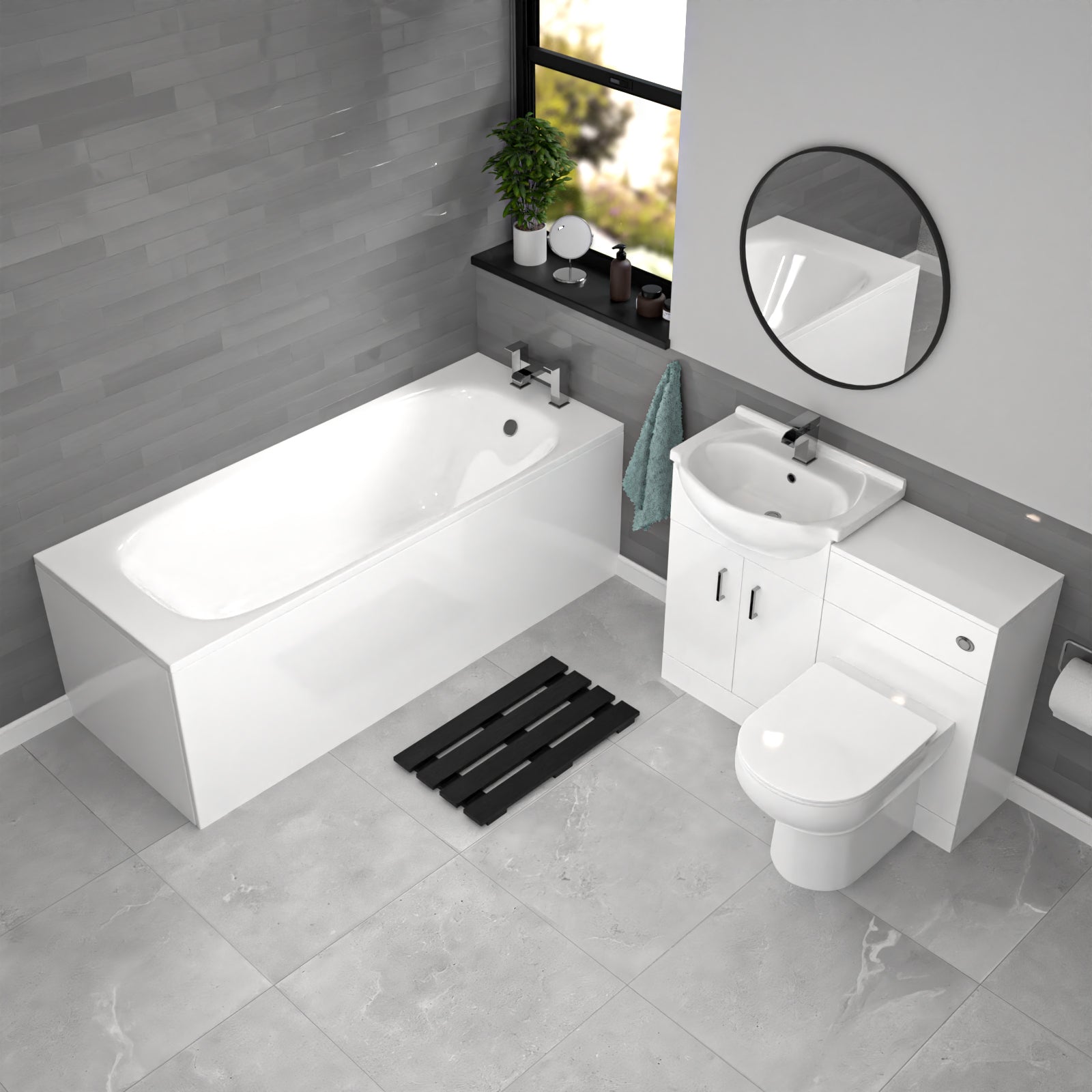 Modern bathroom with white bathtub, sink, and toilet