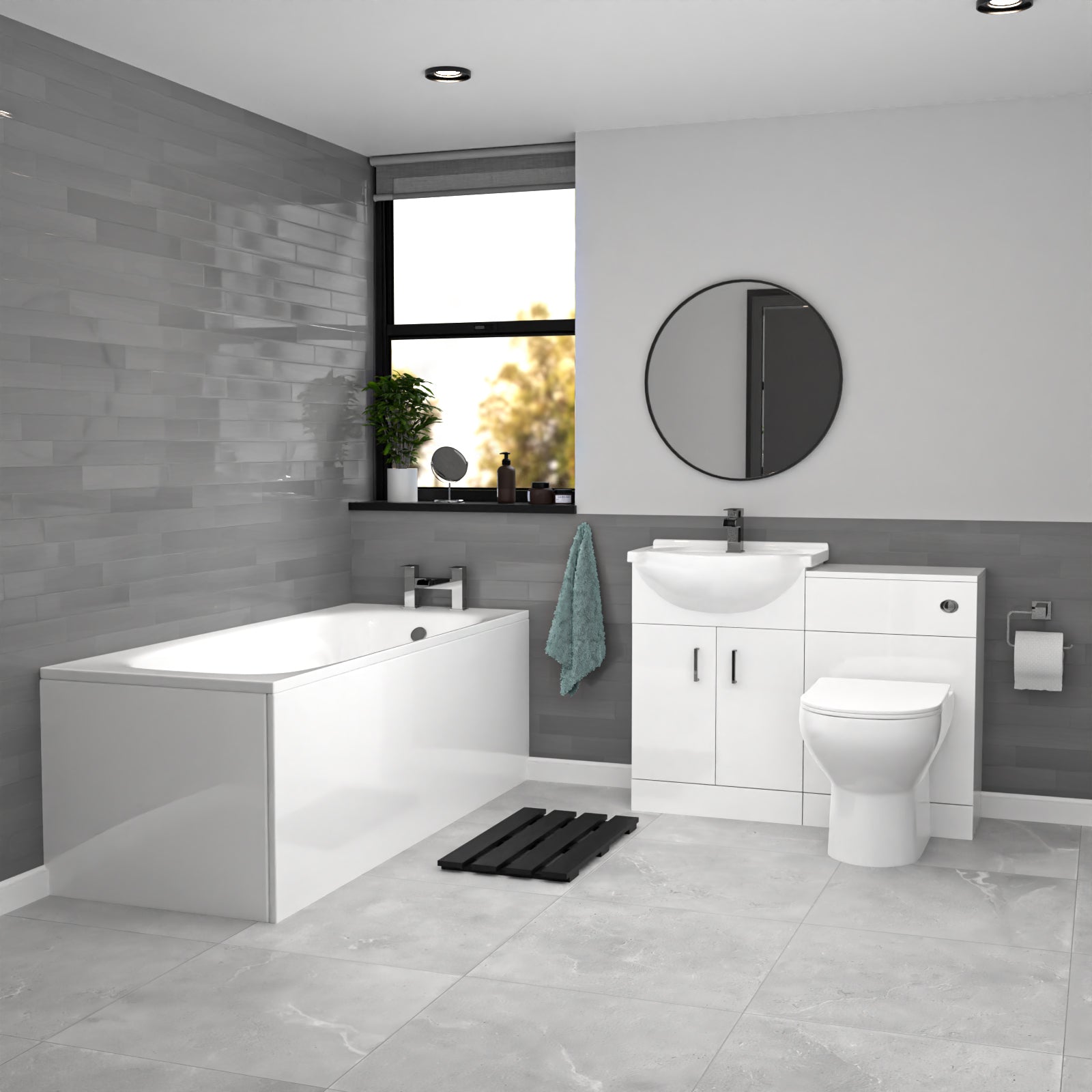 Modern bathroom with gray walls, white fixtures