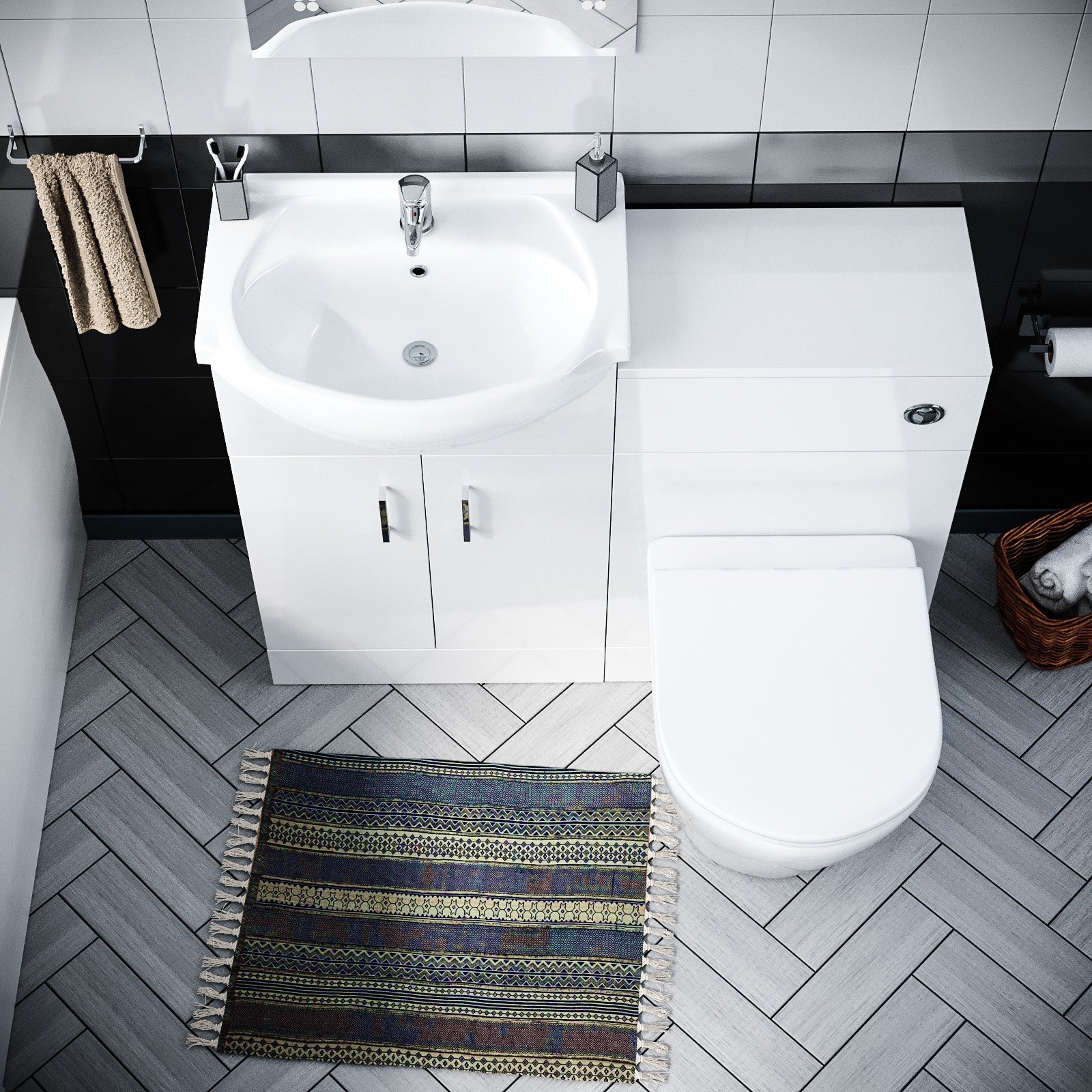 Ellen 550mm White Basin Vanity Cabinet With WC, BTW Toilet, Bath & Front Panel