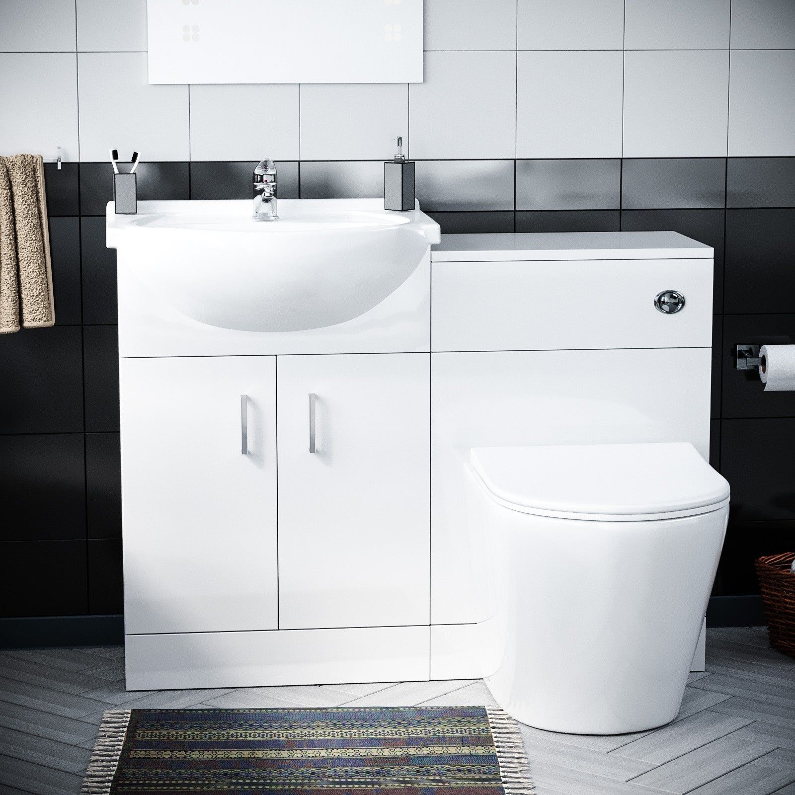 Ellen 550mm White Basin Vanity Cabinet With WC, BTW Toilet, 1500 mm Bath & Front Panel