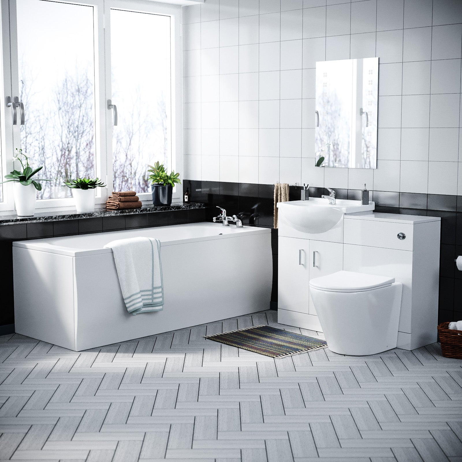 Ellen 550mm White Basin Vanity Cabinet With WC, BTW Toilet & Acrylic Bath Suite