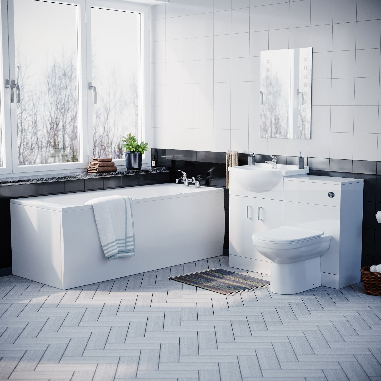 Ellen Suite, Bath, BTW Toilet, 550mm Basin Flat Pack Vanity Unit & WC Unit 3 Piece Bathroom Suite White