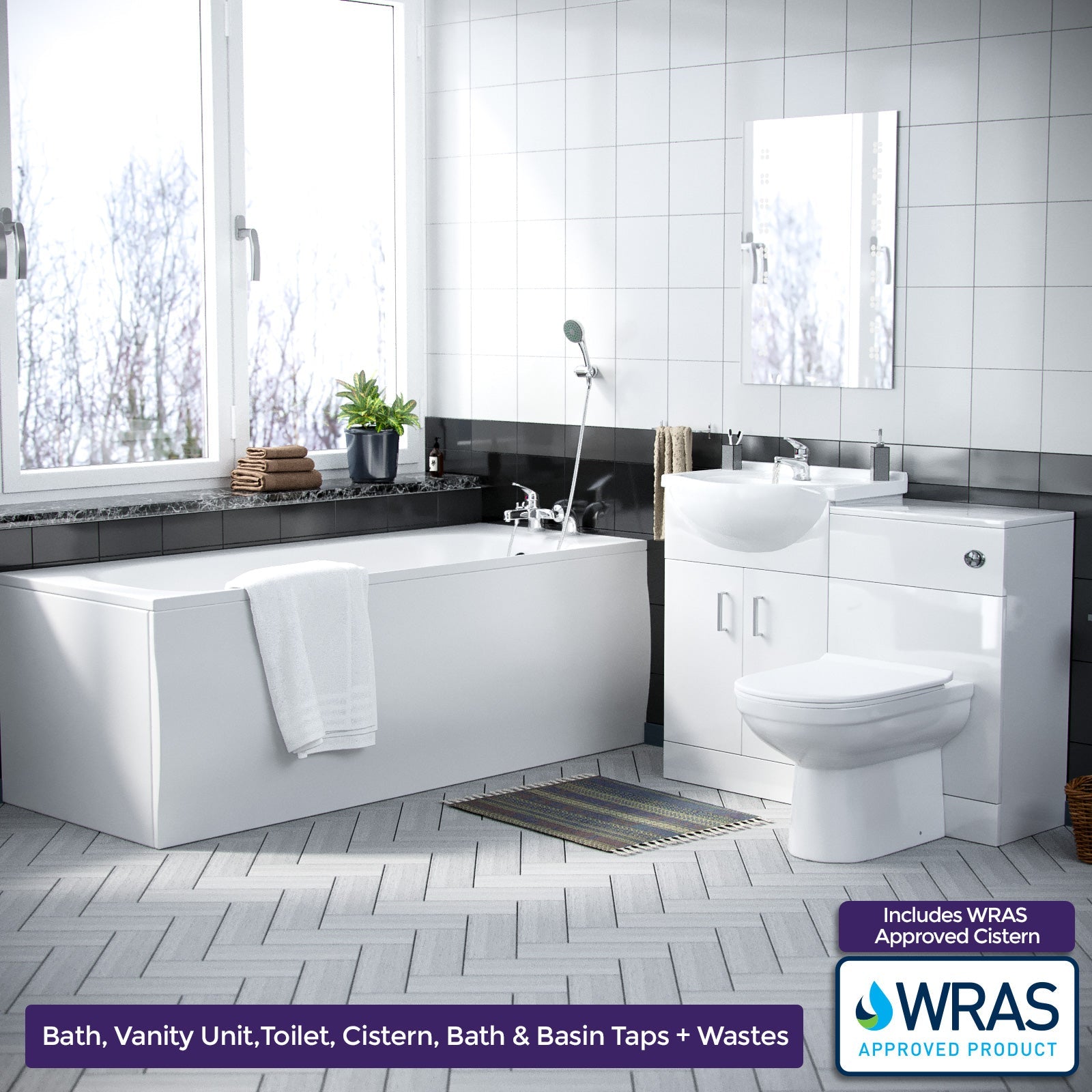 Ellen 1700mm Bath, WC Unit, Back To Wall Toilet, Vanity Basin Unit, Mono and Bath Mixer Taps & Wastes White