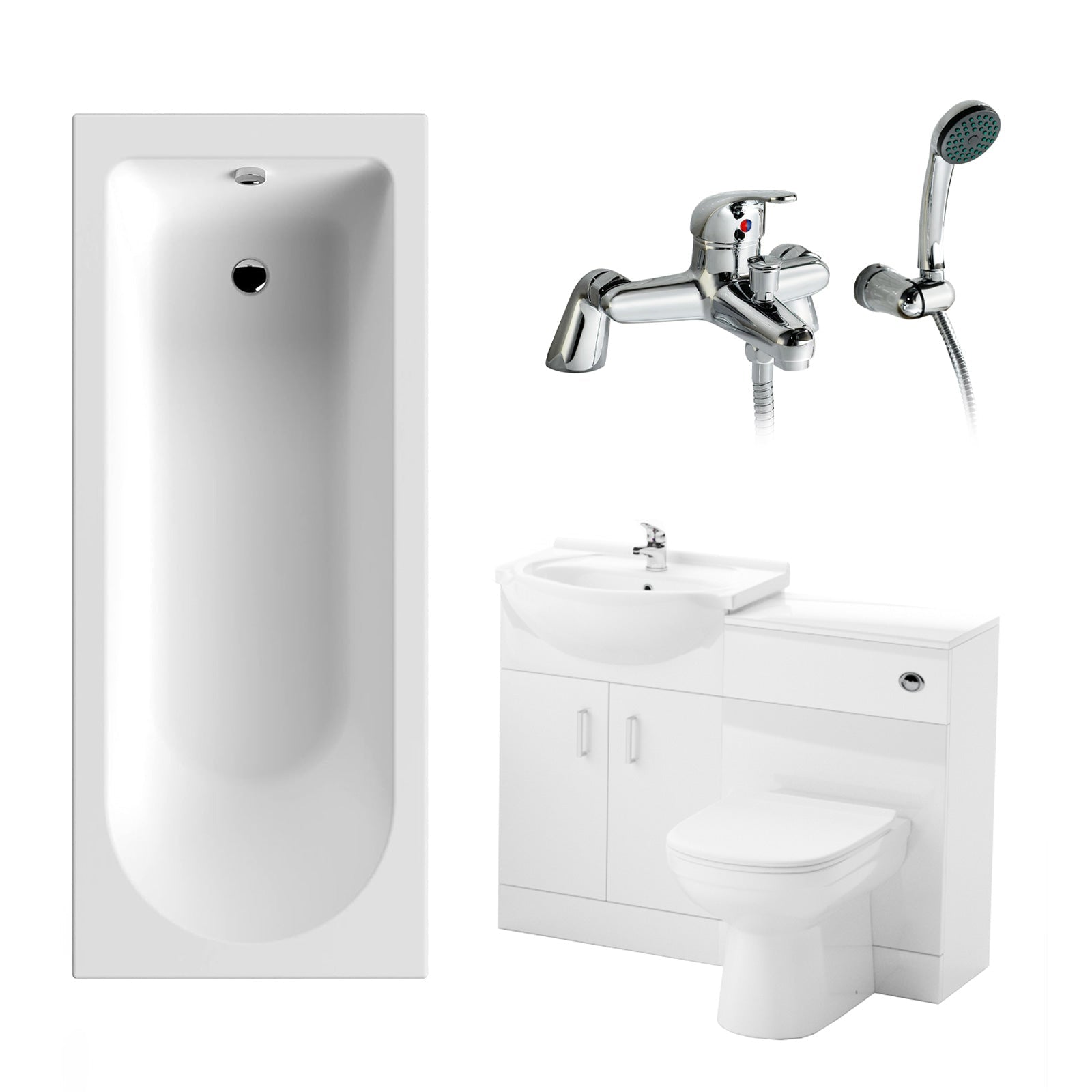 Ellen 1700mm Bath, WC Unit, Back To Wall Toilet, Vanity Basin Unit, Mono and Bath Mixer Taps & Wastes White