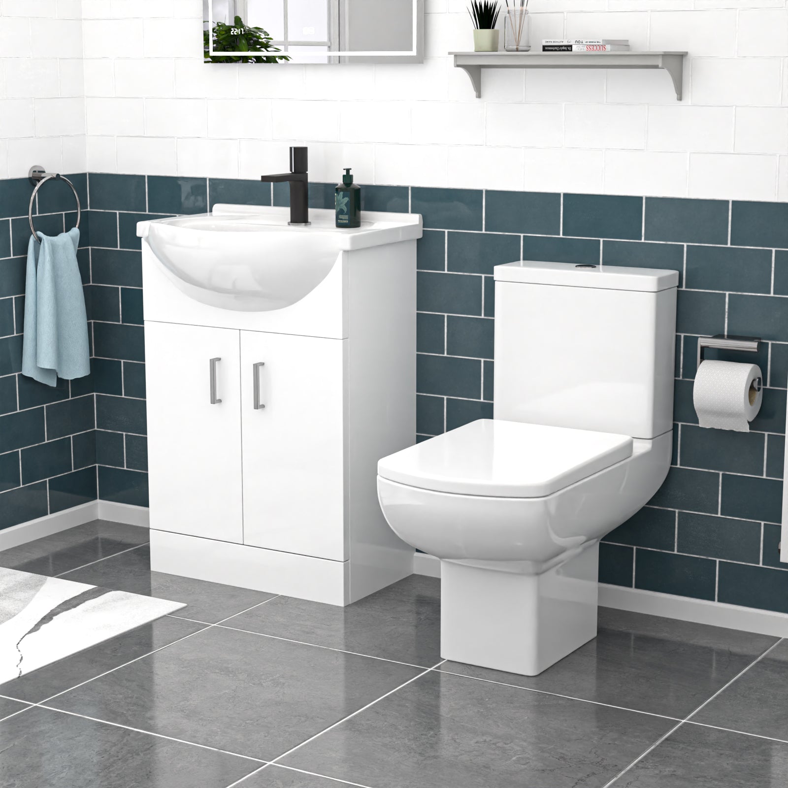 Ellen 550mm White Basin Vanity & Square Rimless Close Coupled Toilet
