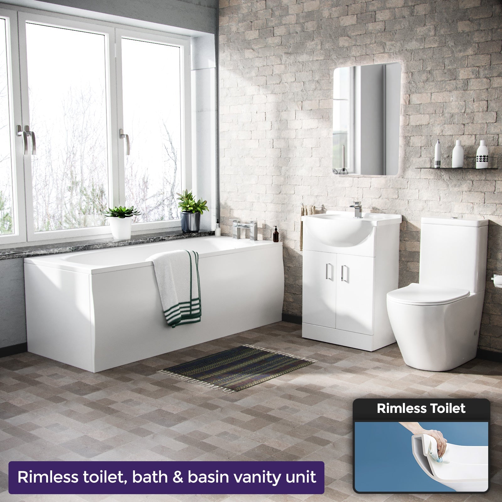 Ellen 1700mm Round Bath, 550mm Vanity and Curved Toilet Suite White