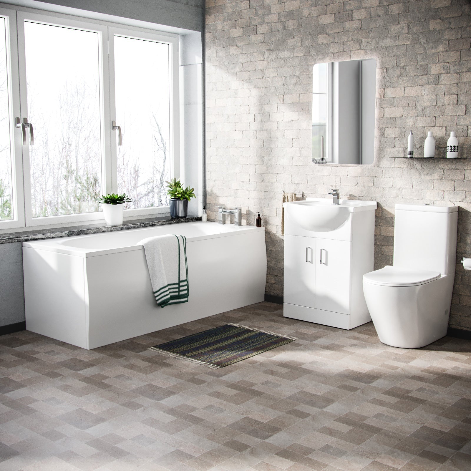 Ellen 1700mm Round Bath, 550mm Vanity and Curved Toilet Suite White