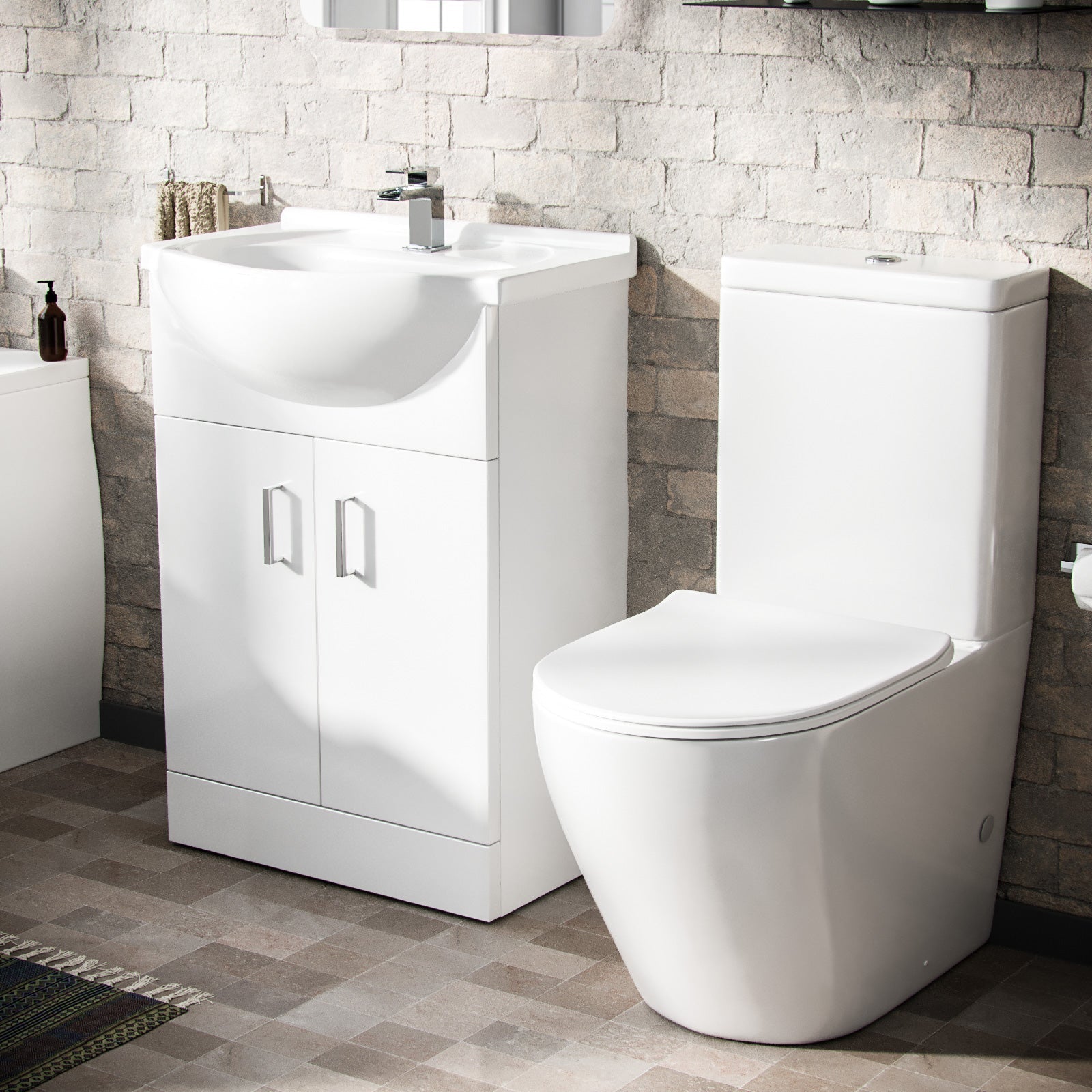 Ellen 1700mm Round Bath, 550mm Vanity and Curved Toilet Suite White
