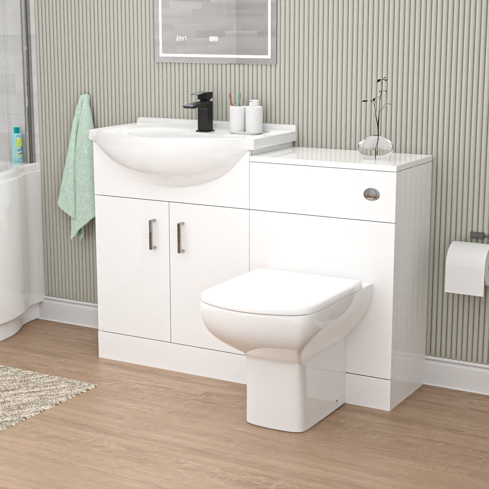 Ellen 1100mm White Basin Vanity, WC Unit & White Rimless BTW Toilet