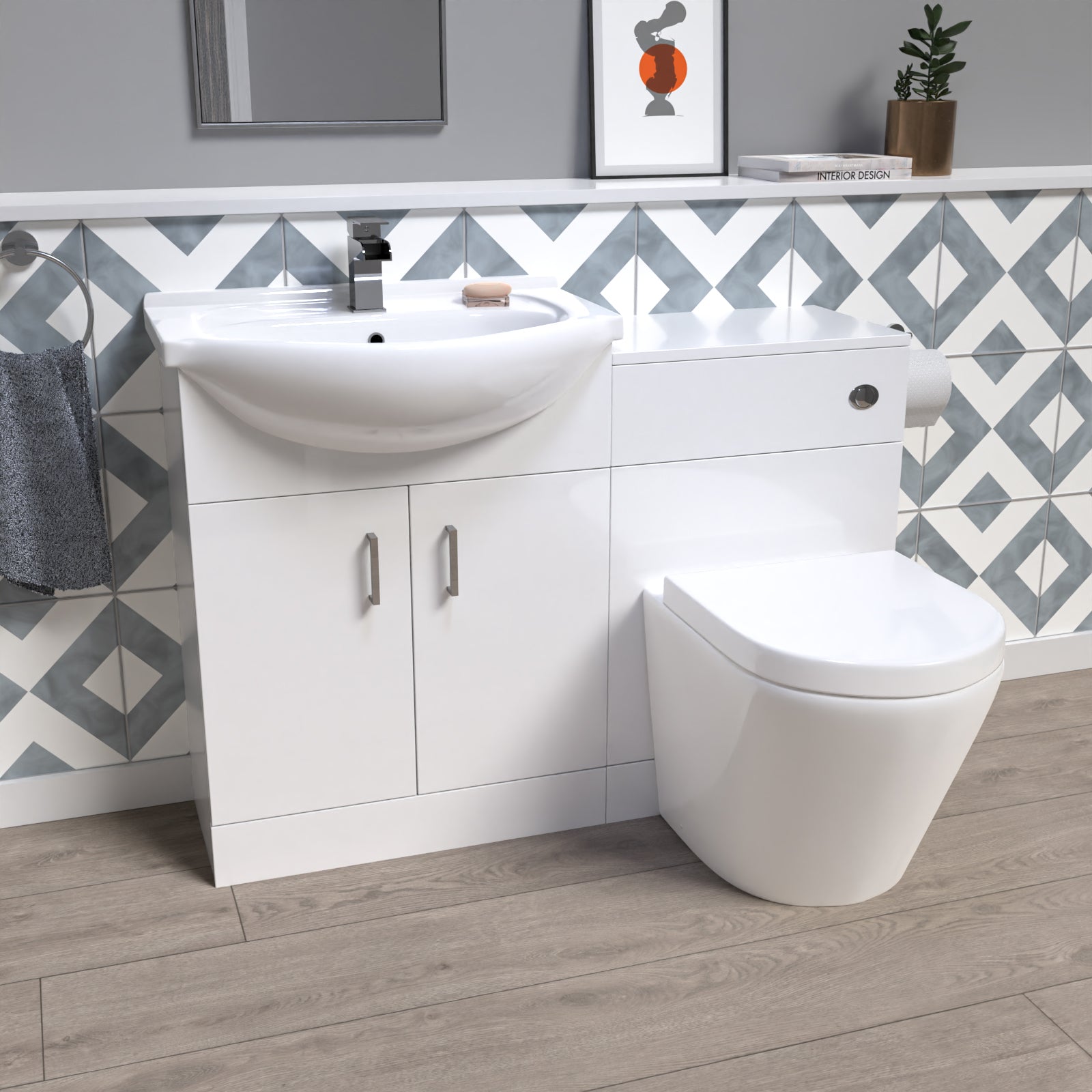 Ellen 1150mm White Vanity Unit With Basin, WC Unit & Back To Wall Toilet