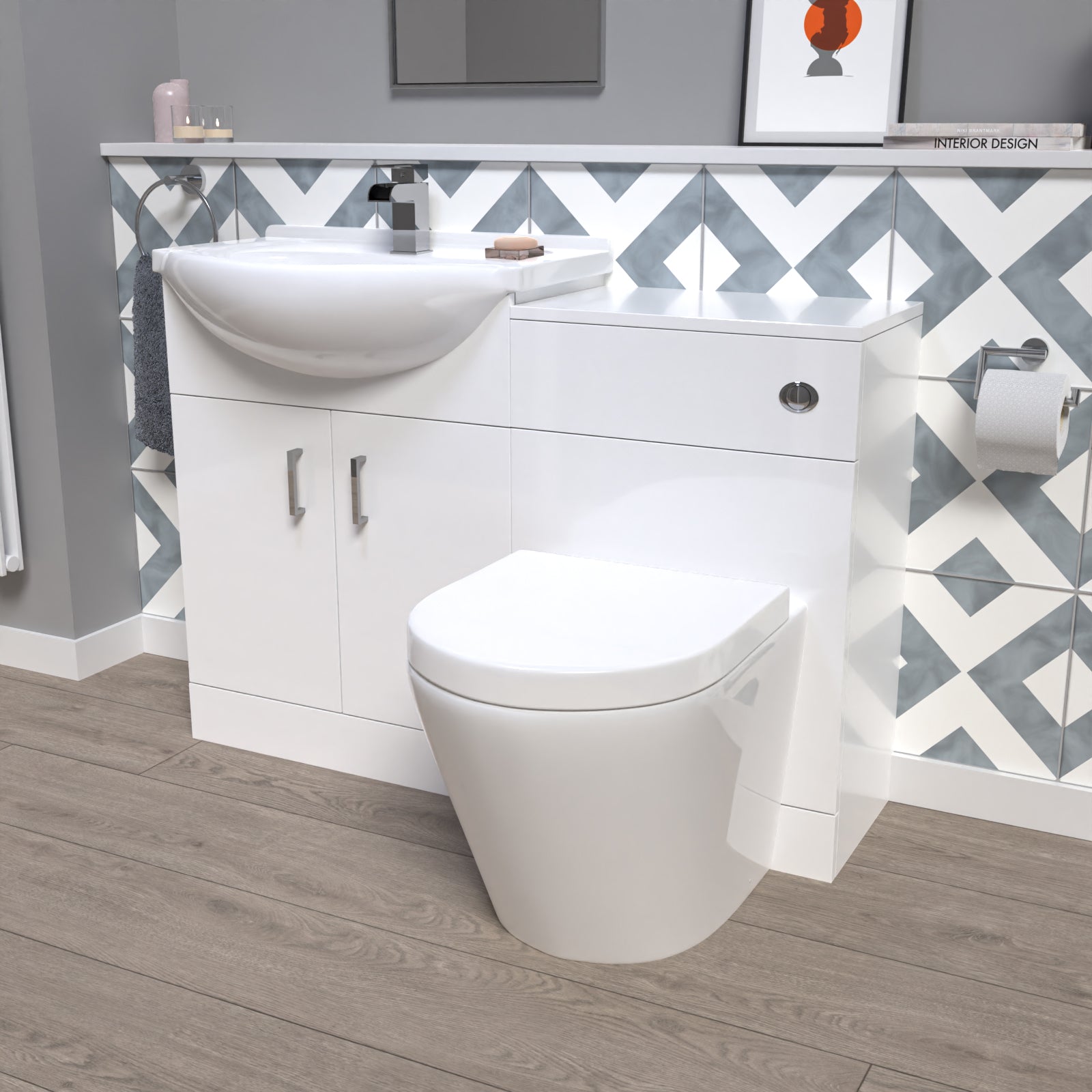 Ellen 1150mm White Vanity Unit With Basin, WC Unit & Back To Wall Toilet
