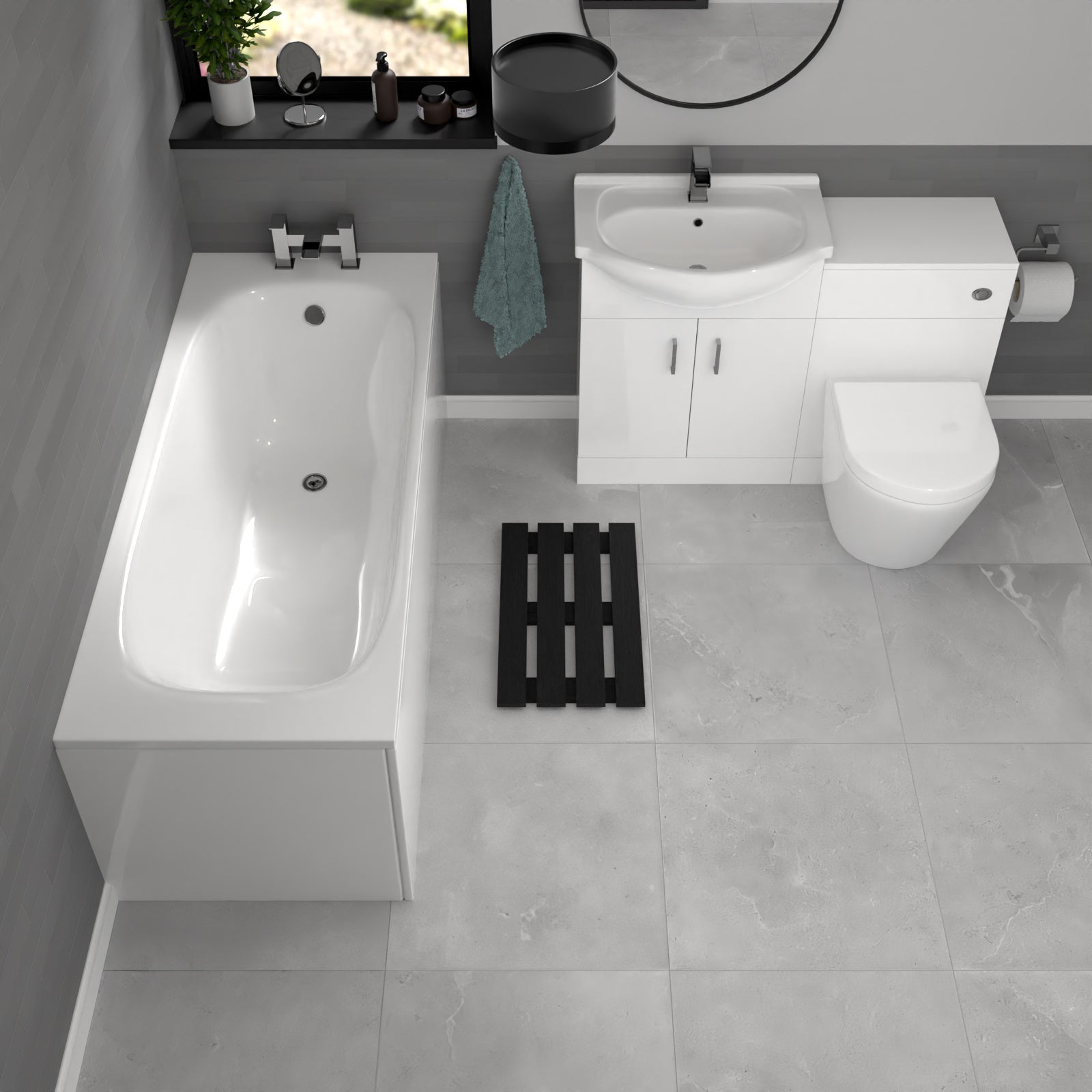 Ellen White Vanity Unit With Basin, WC Unit, BTW Toilet & 1700mm Bathtub