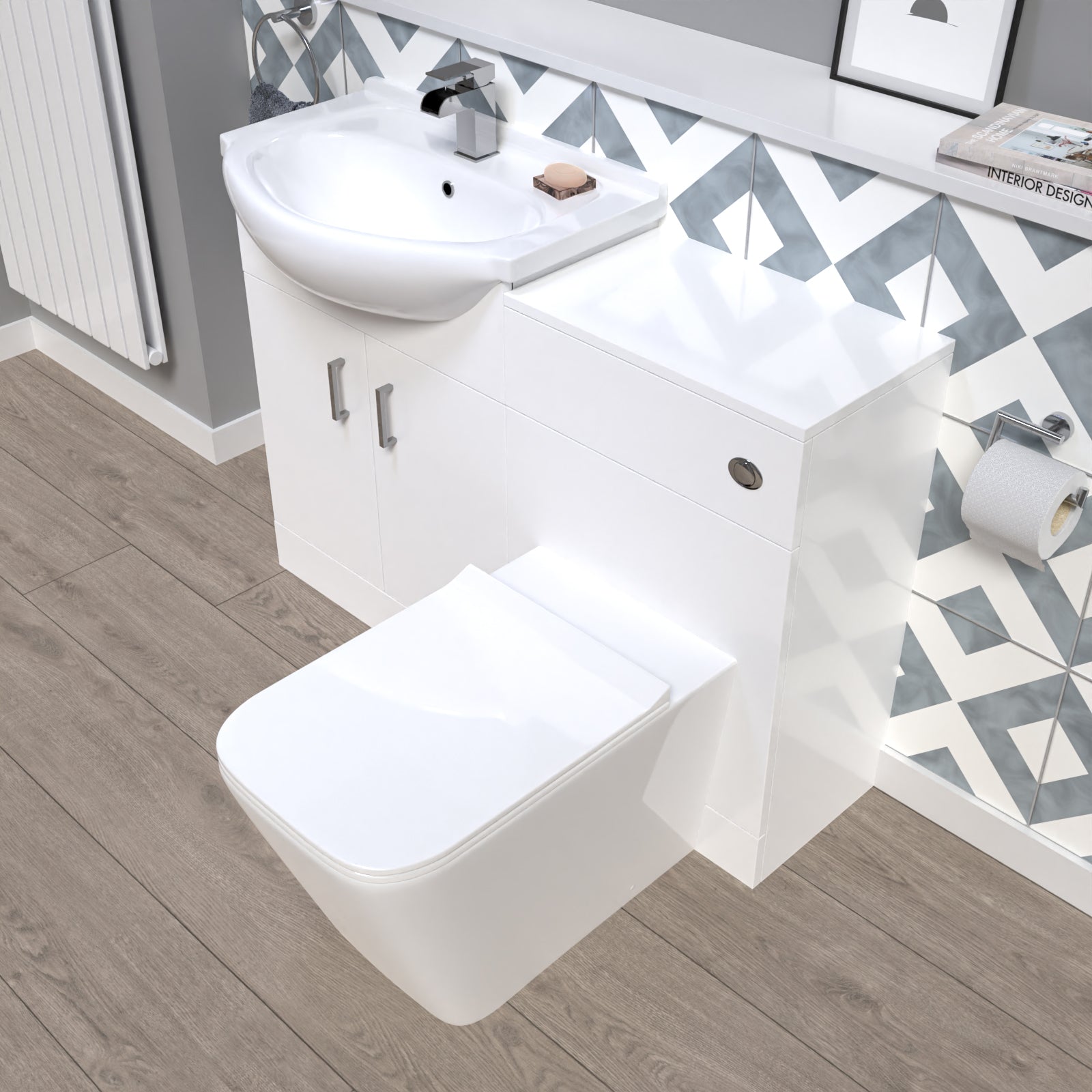 Ellen 1150mm White Vanity Unit With Basin, WC Unit & Square BTW Toilet