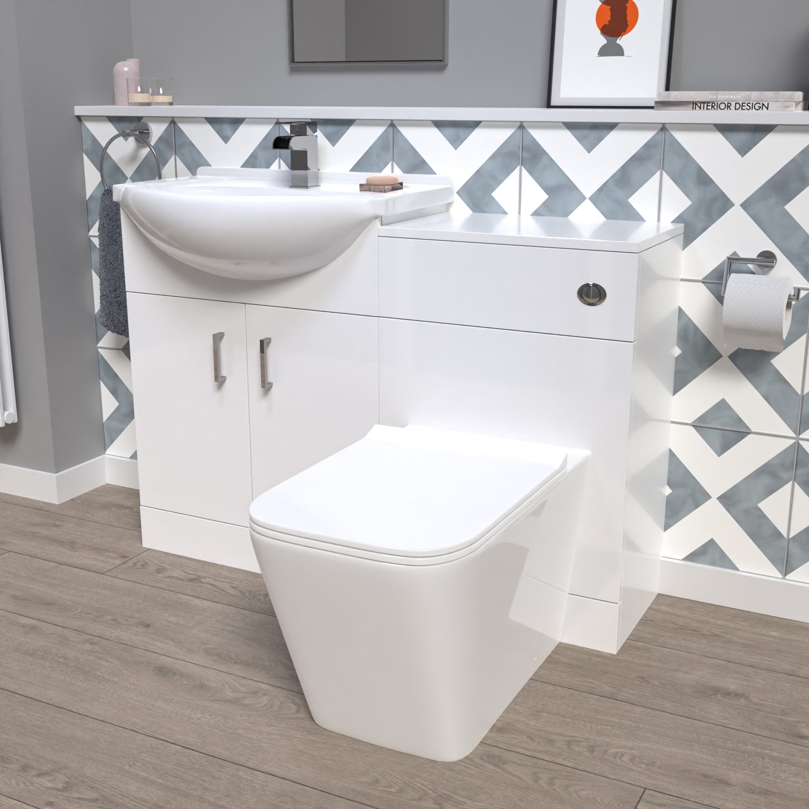 Ellen 1150mm White Vanity Unit With Basin, WC Unit & Square BTW Toilet