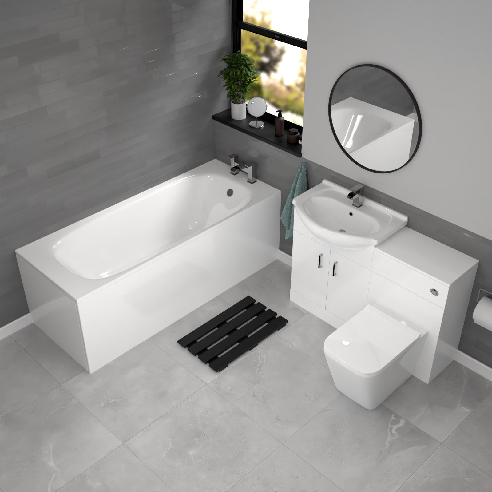 Ellen White Basin Vanity, WC Unit, Square Back To Wall Toilet & 1700mm Bath