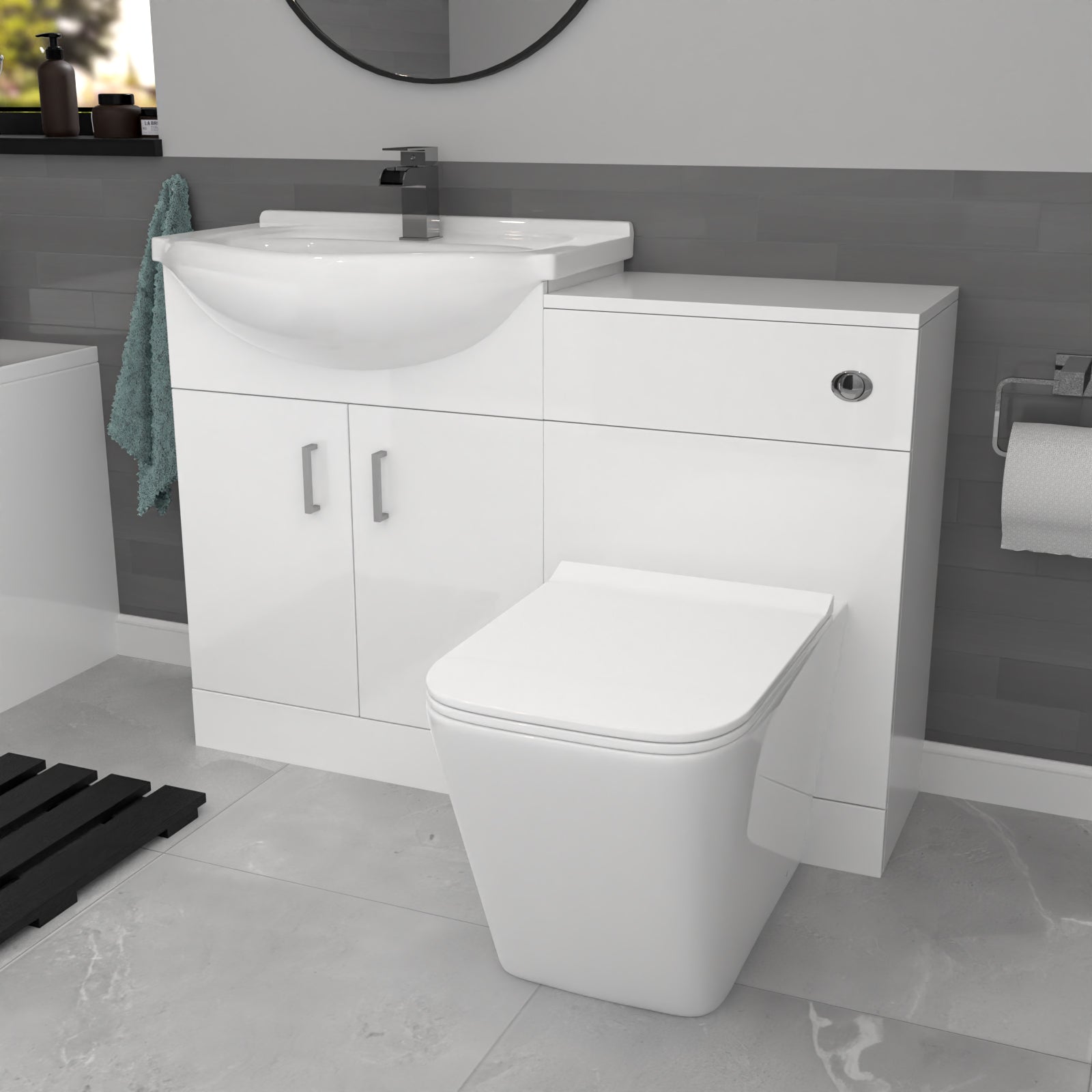 Ellen White Basin Vanity, WC Unit, Square Back To Wall Toilet & 1700mm Bath