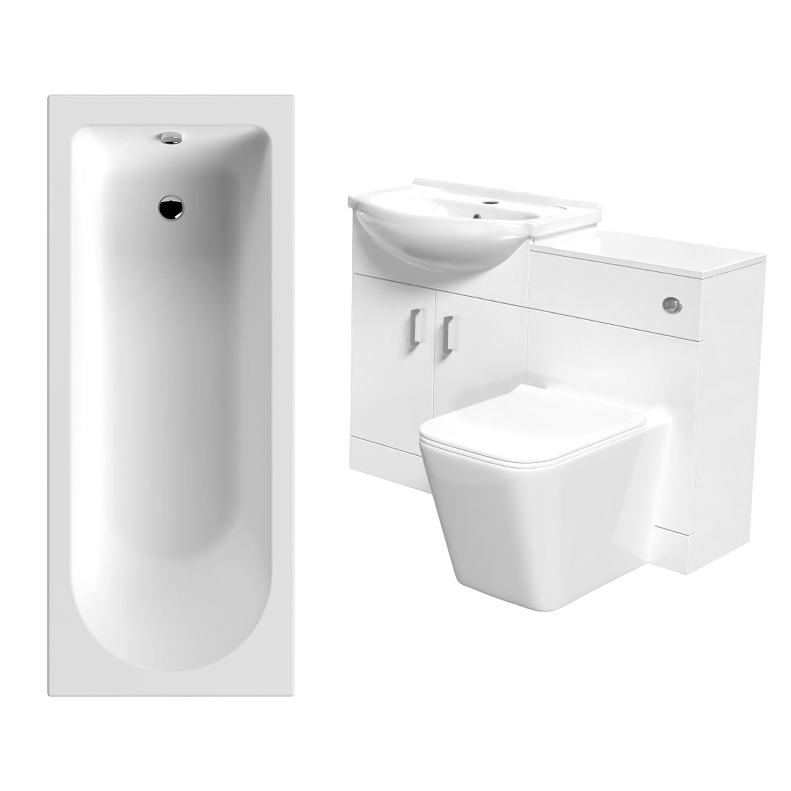 Ellen White Basin Vanity, WC Unit, Square Back To Wall Toilet & 1700mm Bath