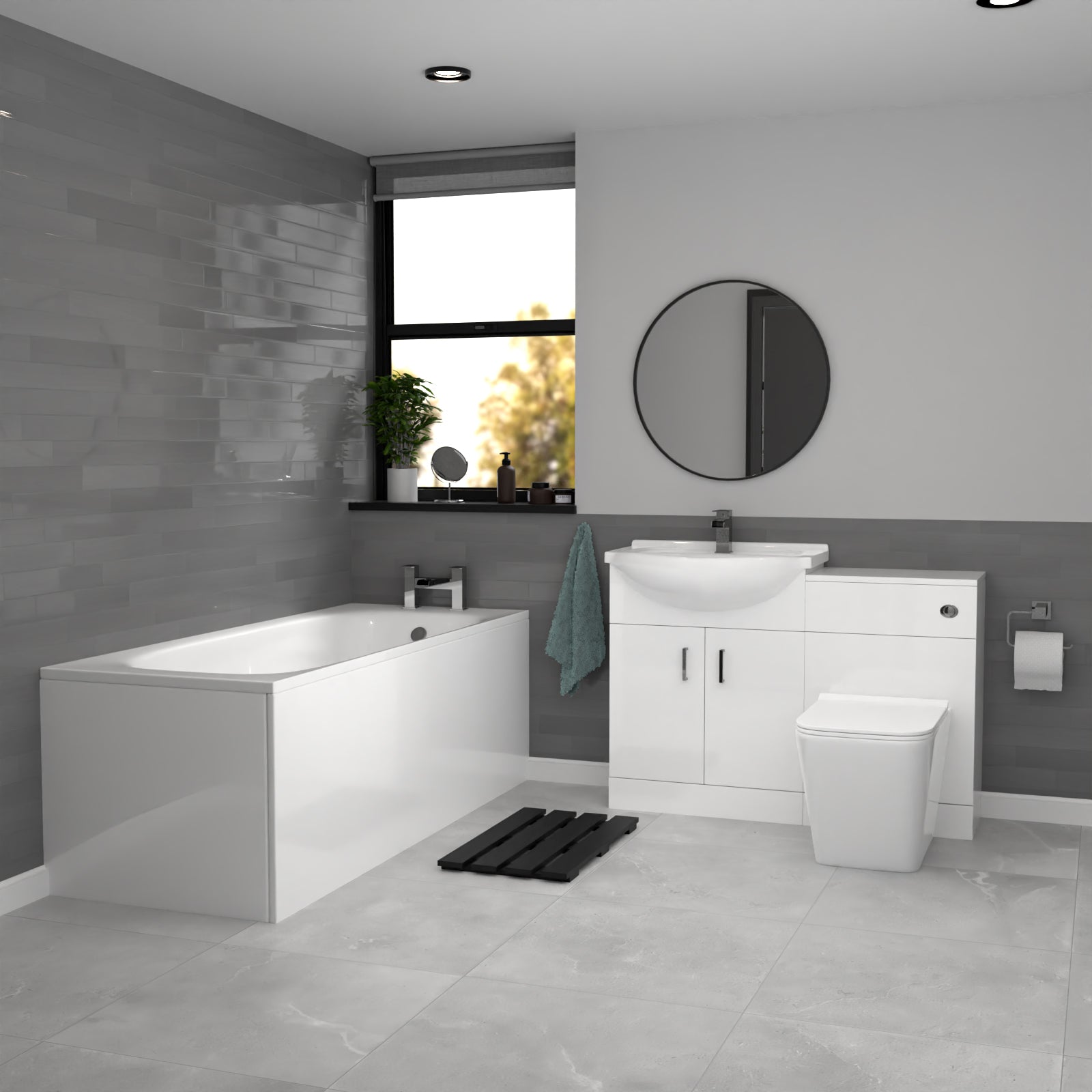 Ellen White Basin Vanity, WC Unit, Square Back To Wall Toilet & 1700mm Bath