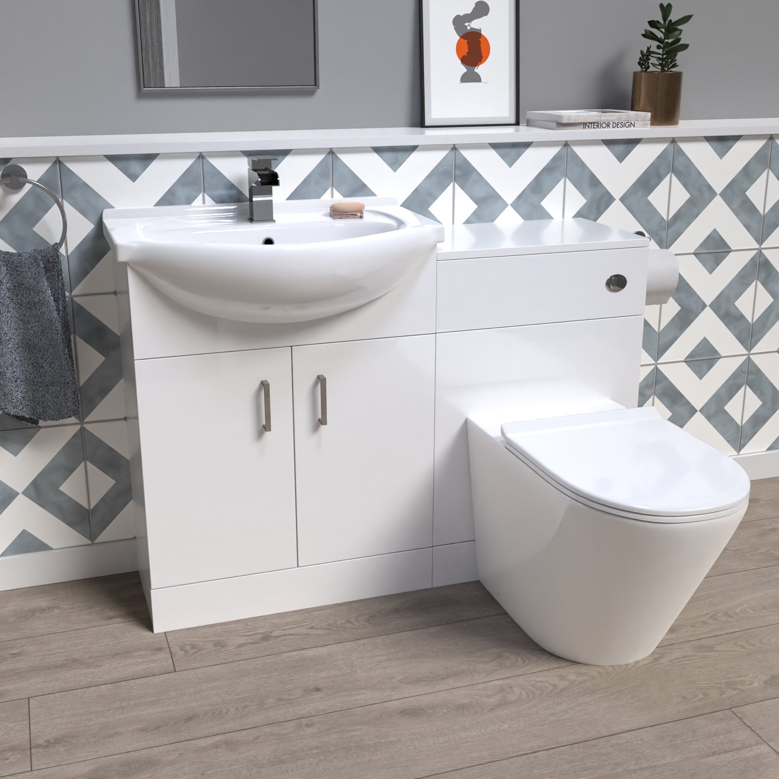 Ellen 1150mm White Vanity Unit With Basin, WC Unit & Round BTW Toilet