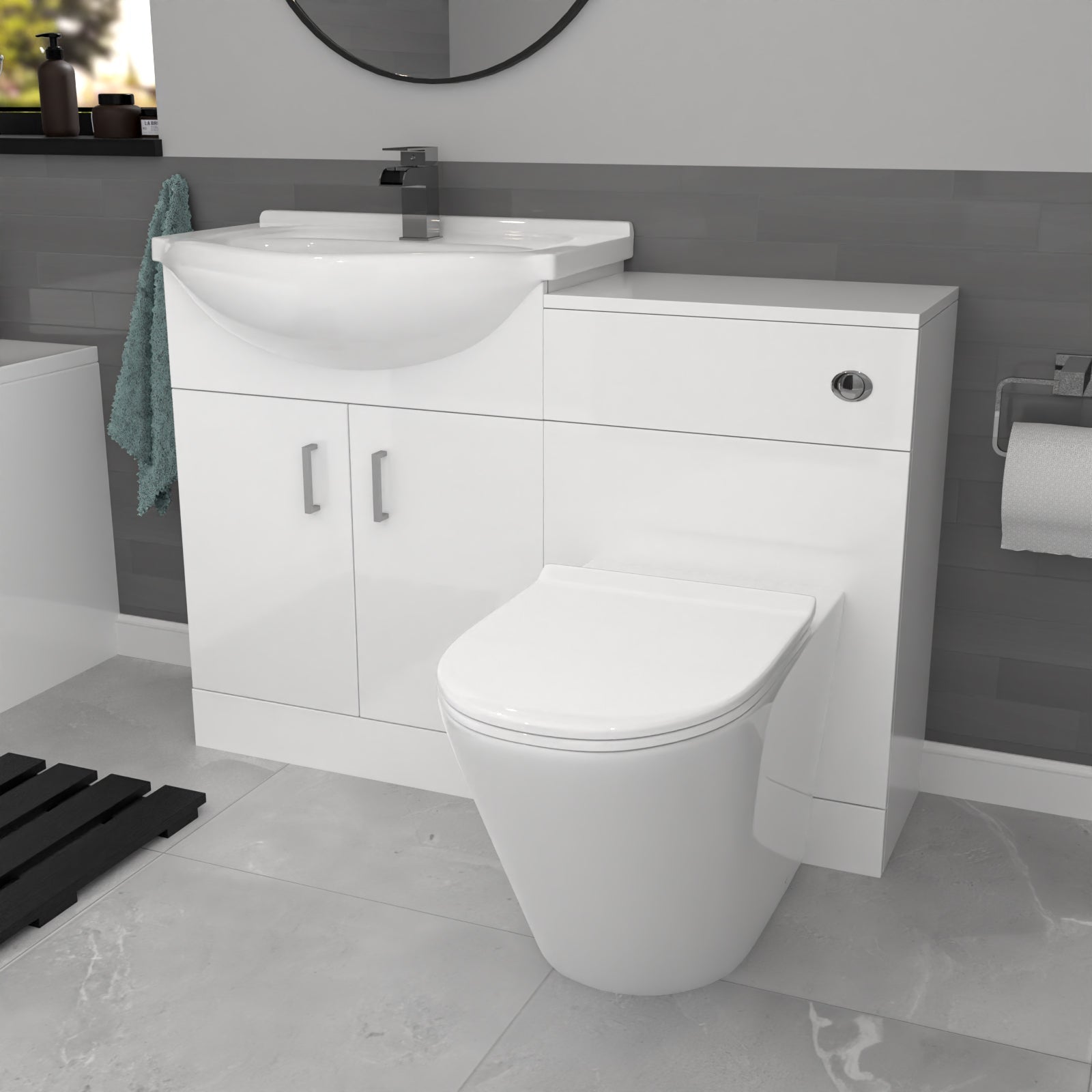 Ellen White Vanity Unit With Basin, WC Unit, Round BTW Toilet & 1700mm Bath