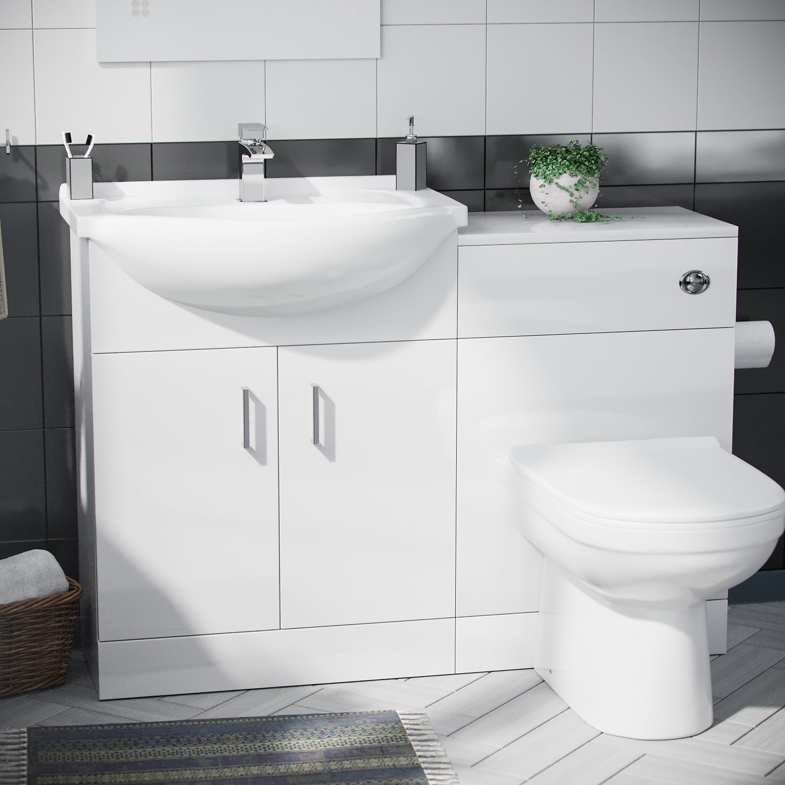 Ellen 650mm Vanity Basin Unit, WC Unit, Cistern & Eslo Back To Wall Toilet White