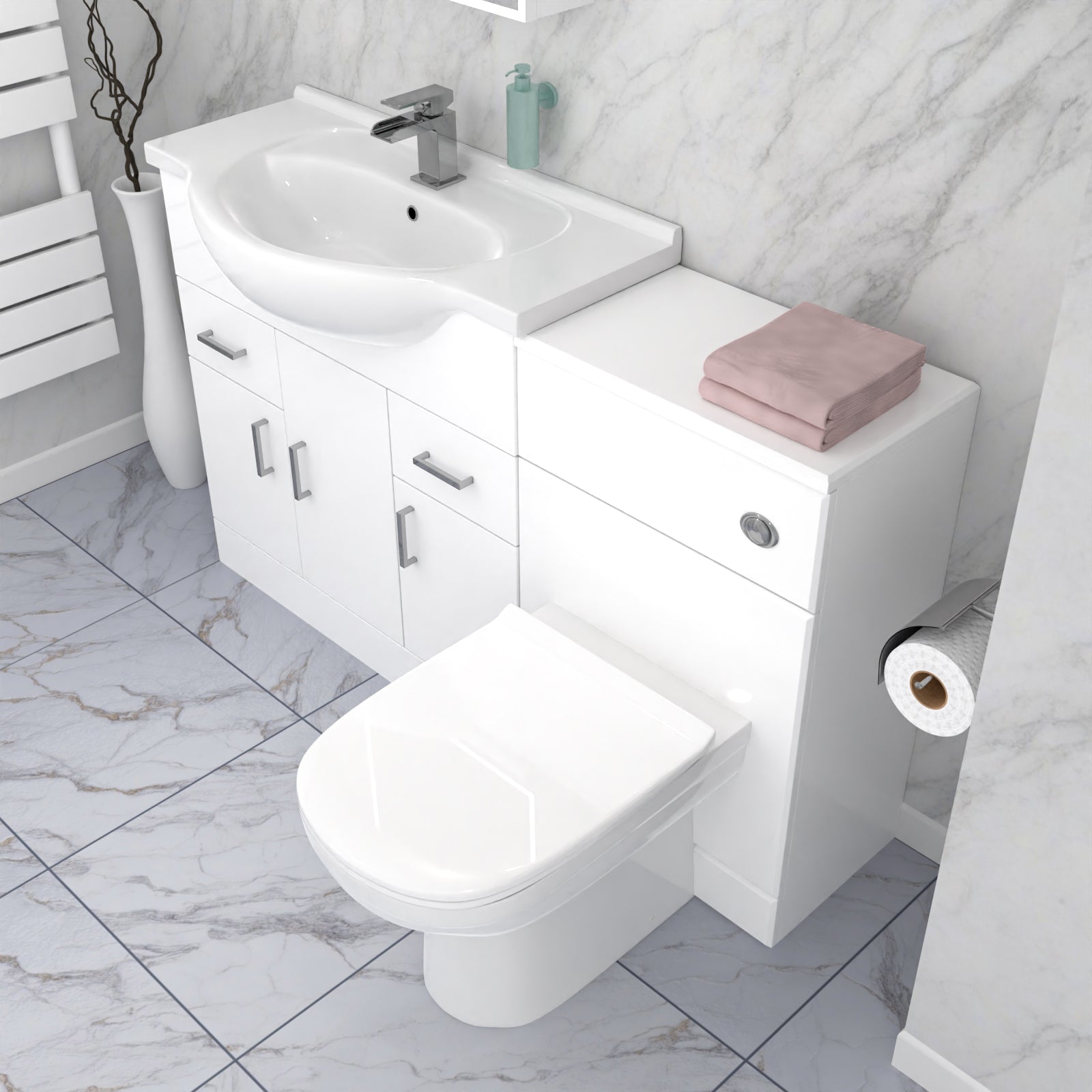 Ellen 1350mm Floor Standing White Cabinet, WC Unit & BTW Toilet