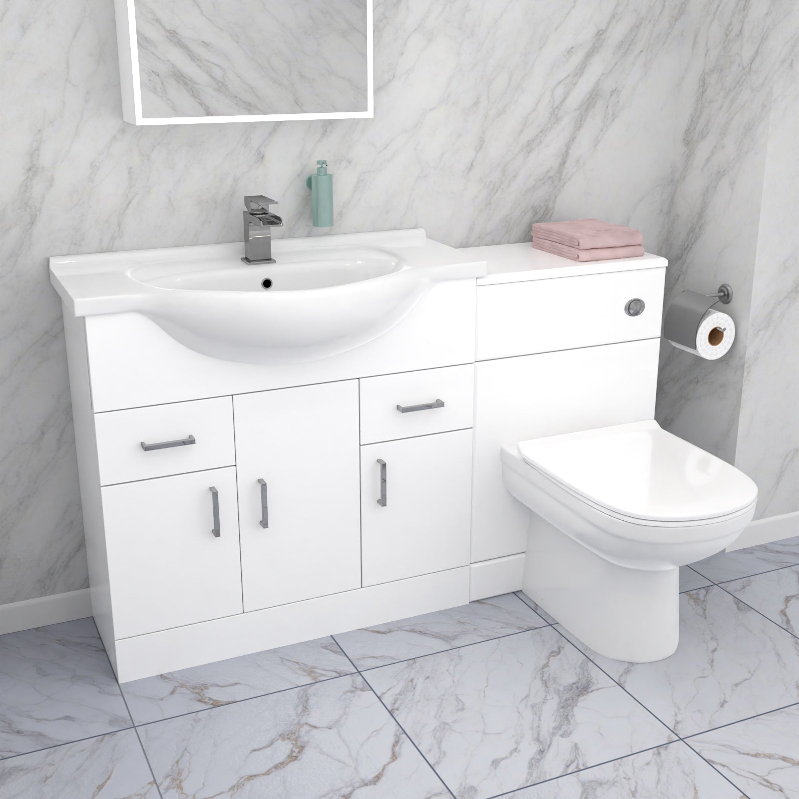 Ellen 1350mm Floor Standing White Cabinet, WC Unit & BTW Toilet